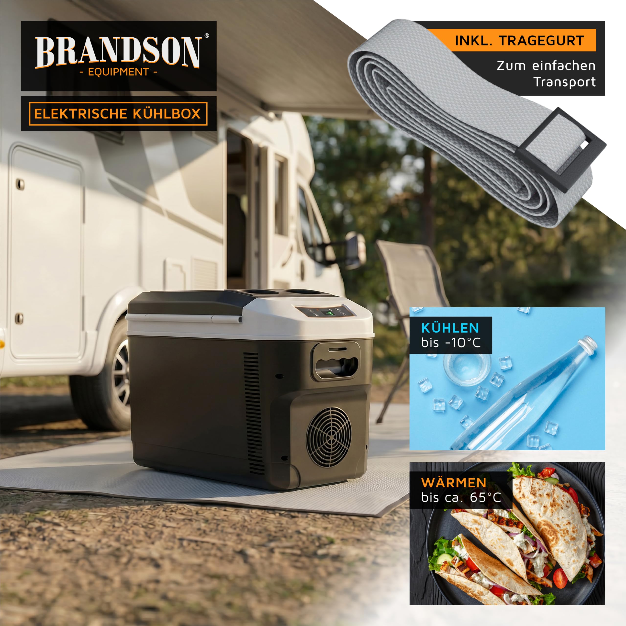 Brandson - Kühlbox elektrisch 14L – 230 V Netzspannung und 12 V KFZ Auto Bordspannung – kühlt und wärmt – Heizen max. 65°C – Herabkühlen ca 20°C unter der Umgebungstemperatur - Schwarz