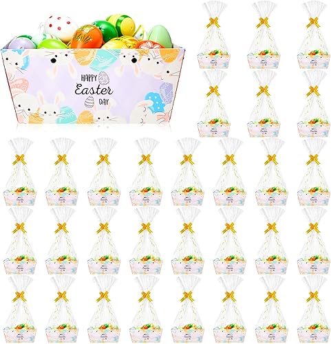 Miniatura 1 de Tuanse 30 cestas de boda para regalo, kit de cesta de regalo vacía a granel con asa, bandeja de cartón kraft con 30 bolsas, bandeja de mercado de 30