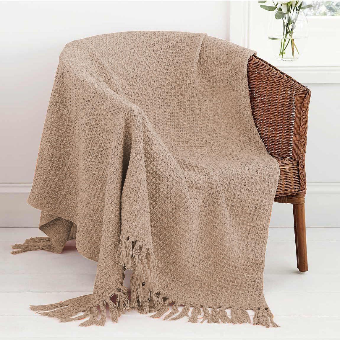 Mehar Bedding 100% Cotton Woven Honeycomb Plain Waffle Textured Chair Sofa Setee Bed Throw Tasselled Edge (BEIGE, King (259cms x 259cms)) — image 1