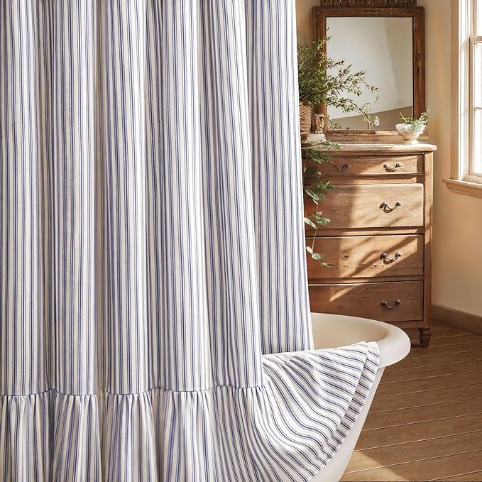 Farmhouse Shower Curtain with Ruffle Hem Linen Shower Curtains for Bathroom Country Vintage Rustic Natural Fabric, Cream-Blue Stripe 72" W x 72" L