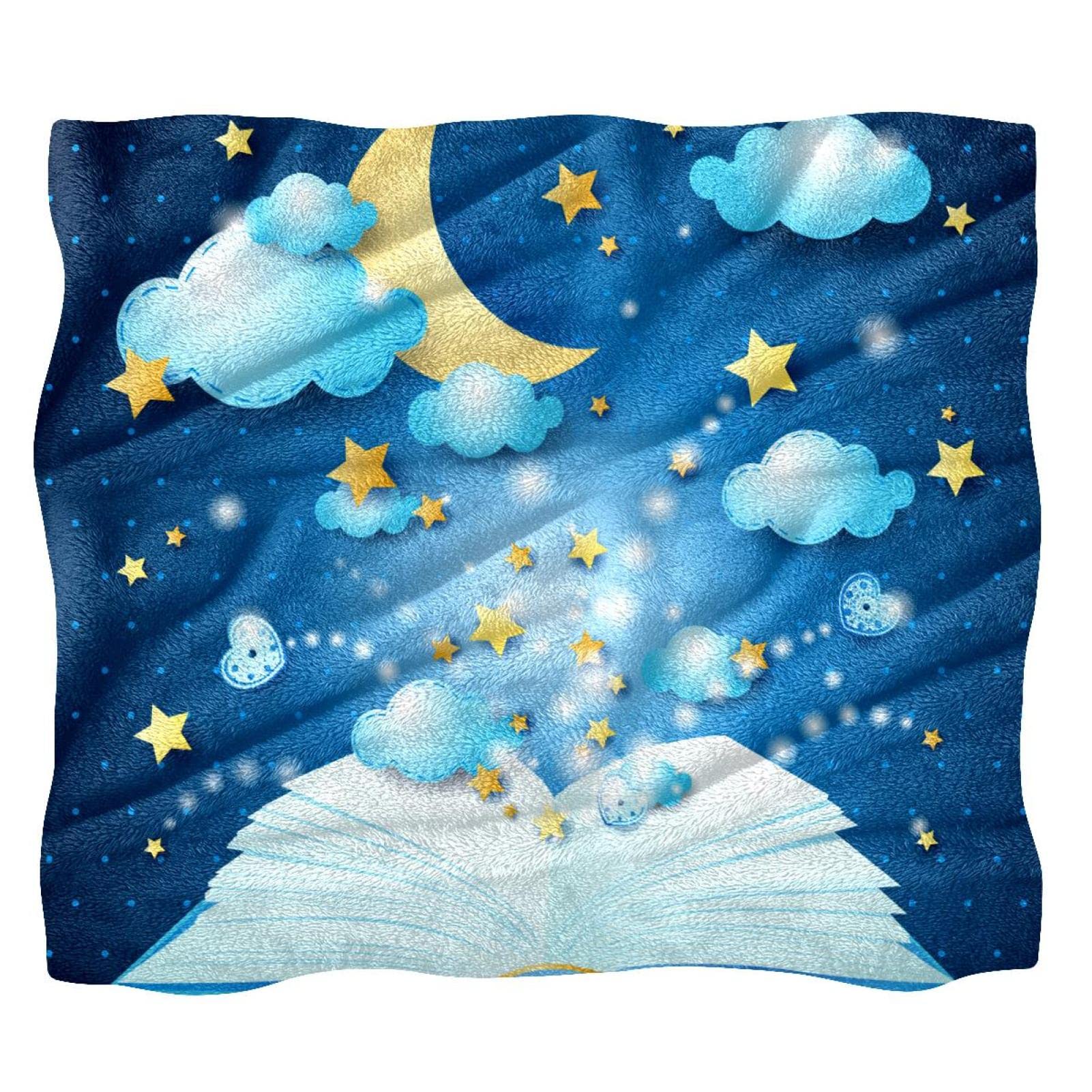 Manta de forro polar con diseño de estrellas y luna, color azul