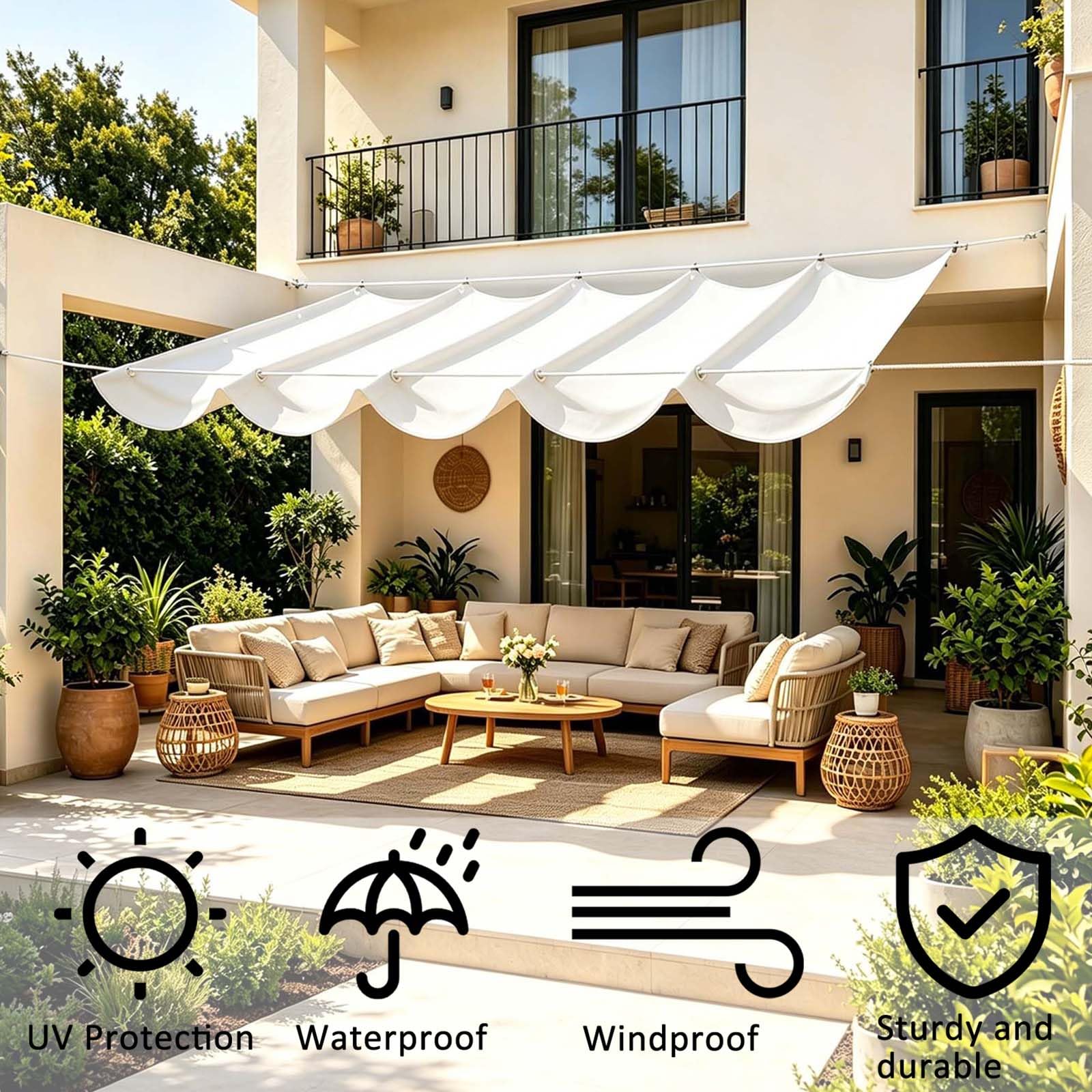 Vela Ombreggianti Onda Retrattile 180 x 1050 cm Personalizzabile, Regolabile, Protezione Dai Raggi UV Pergolato Regolabile Rettangolare Tenda a Velas per Traliccio e Gazebo, Bianco
