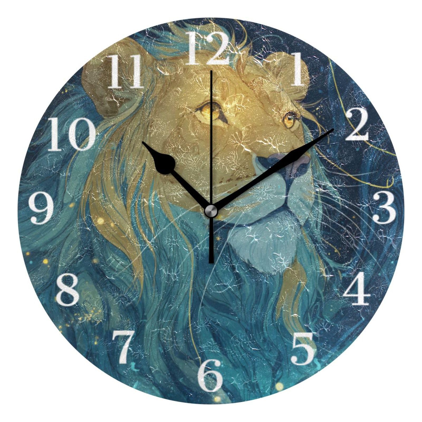 Ensound Brow Teal Green Lion Wall Clock Silent Non-Ticking Battery Operated Clocks 12 Inch for Kitchen Home Living Room