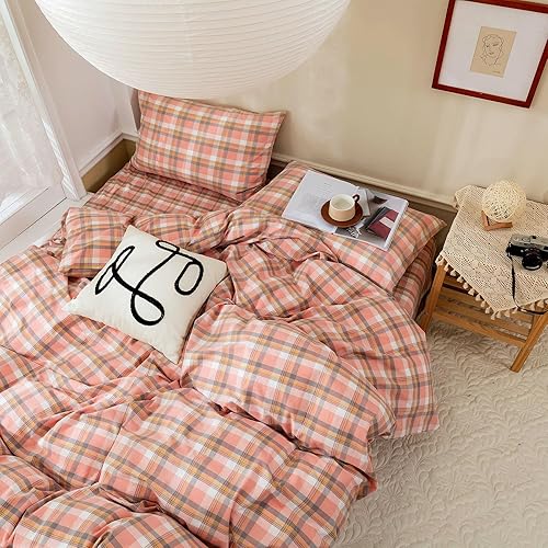 Miniatura 3 de MKXI Duvet Cover Geometric Pattern Plaid Duvet Cover King Washed Cotton Textured Linen Look Pink Plaid Duvet Cover for Girls Cozy Breathable Duvet