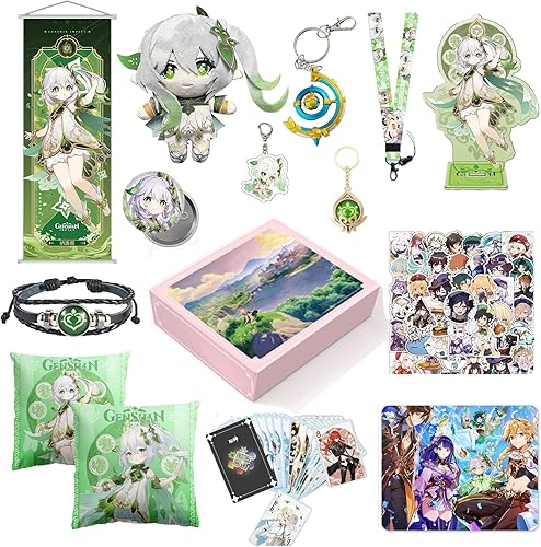 Genshin Impact - Caja de regalo para fanáticos  Muñeco de peluche, llavero, calcomanías, póster, alfombrilla de ratón, funda de almohada, pulsera,