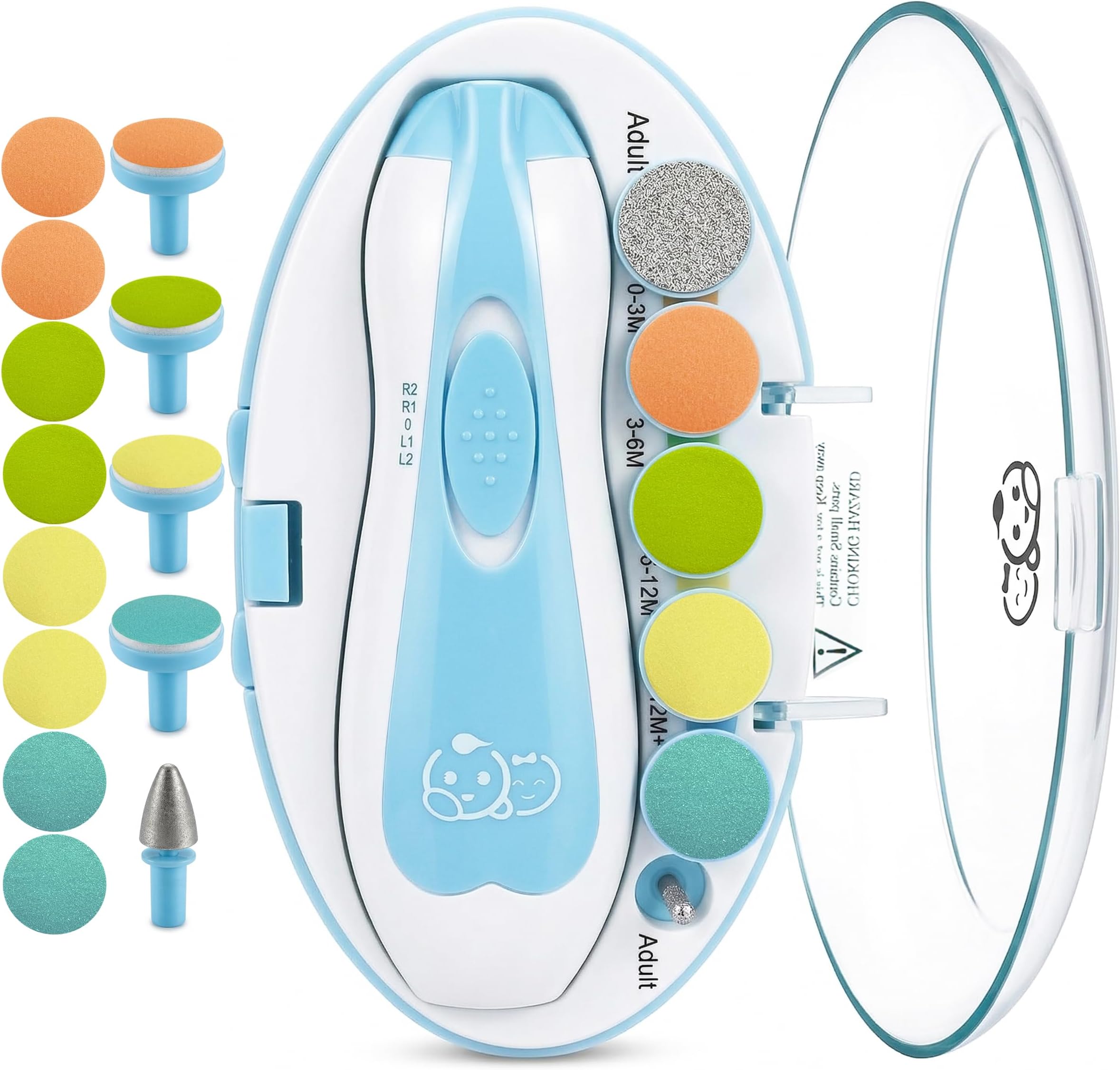 - Upgraded 21 in 1 Baby Nail Trimmer with Labeled Case, 13 Extra Replacement Pads, Safe Electric Baby Nail File Kit for Newborns & Toddlers, Whisper Quiet Nail Clipper with LED Light (Blue)