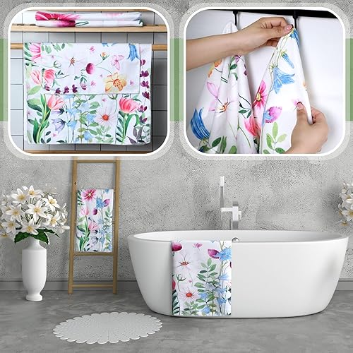 Miniatura 5 de Preboun Juego de 3 toallas de baño de flores silvestres, toallas de mano con diseño floral de acuarela de primavera, toallas de baño suaves con