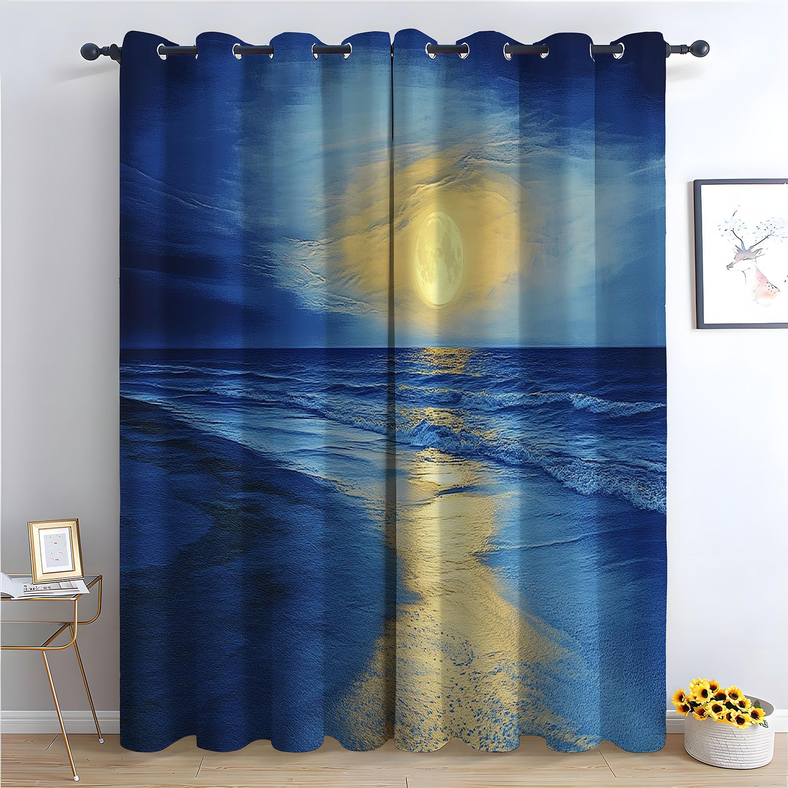 WIKEO Floral Curtains Abstract Minimalist Seascape - Botanical Pencil Pleated Drapes - for Bedroom Drop Eyelet Curtain, Thermal Insulated Blackout 2 Panels-52 W x 96" L (Pack of 2)