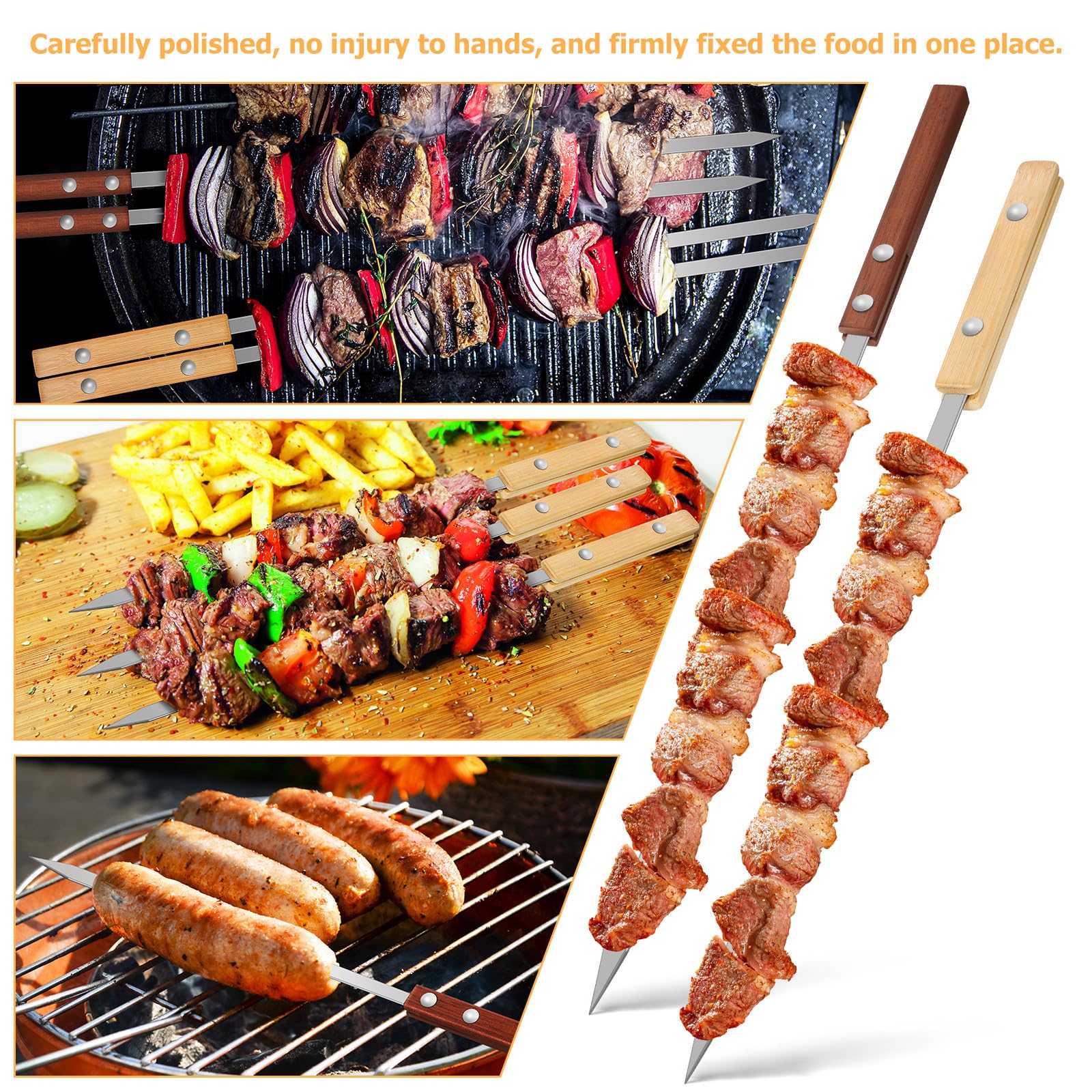 Abaodam 12 Spiedini per Barbecue in Acciaio Inox con Manico in Legno Rosso e Bamboo, Bastoncini per Griglia Portatile 40cm, Accessori per Grigliate All’aperto per Campeggio e