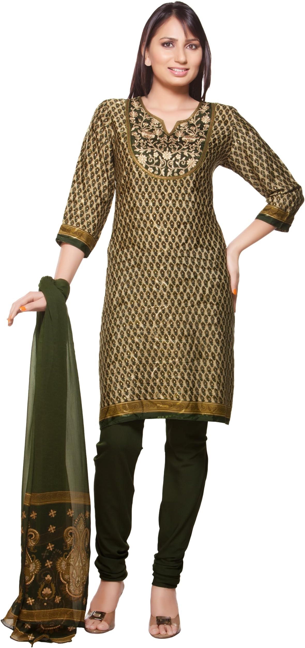 In-Sattva Colors Womens Indian Ethnic Kurta Tunic with Churidar & Dupatta Set Green X-Small