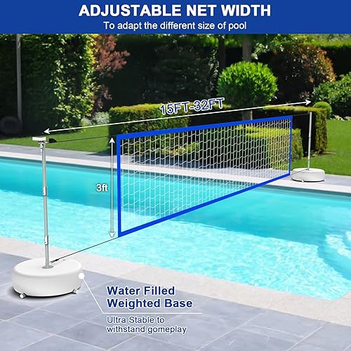 Miniatura 5 de Juego de red de voleibol de piscina con luces LED, red de voleibol de energía solar con longitud ajustable de 15 pies a 32 pies para piscinas