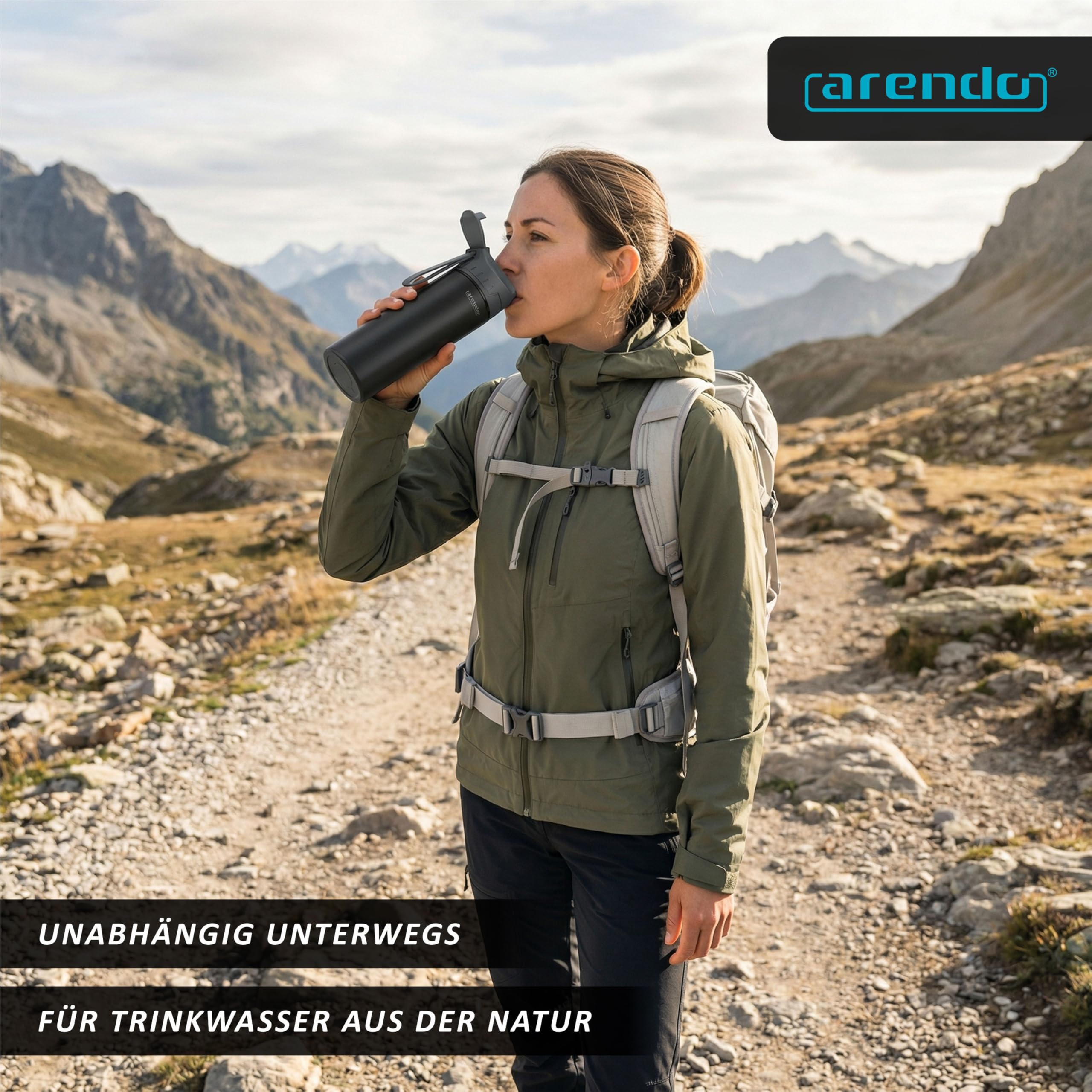 Arendo - Profi Outdoor Wasserfilter Flasche - 500 ml Trinkflasche – 2000 Liter Filterkapazität – filtert bis zu 99,99% der Viren Bakterien – entfernt Mikroplastik Chemikalien Schwermetalle