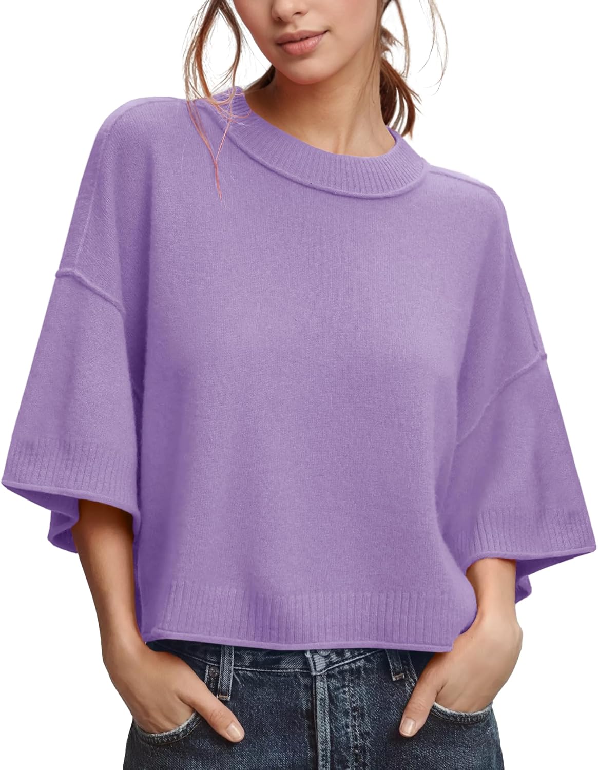 ZDC Women's Oversized Sweaters Summer 3/4 Sleeve Casual Cropped Tops Lightweight Loose Fit Knit Pullover