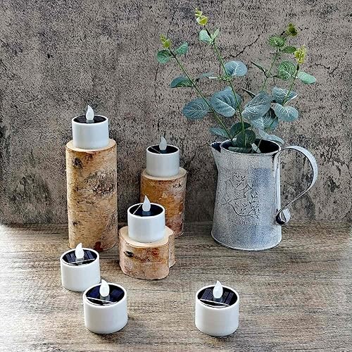 Miniatura 8 de SingTok 6 velas de té alimentadas por energía solar, impermeables, recargables, LED parpadeantes, sin llama, votivas, funciona con pilas para
