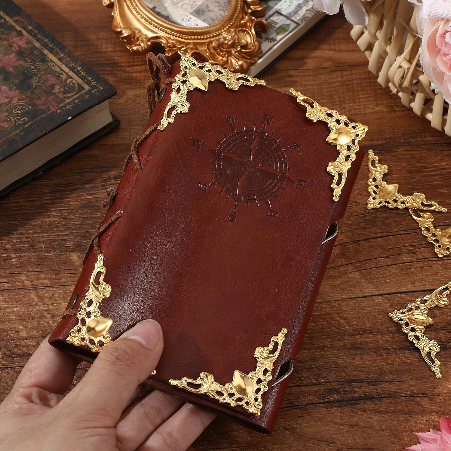 30PCS Book Corner Protector, Metal Photo Corners Retro Antique Book Scrapbook Album Corners Decor Metal Corner Protector Menus Album Decorative for Desk Jewelry Case Box Gift