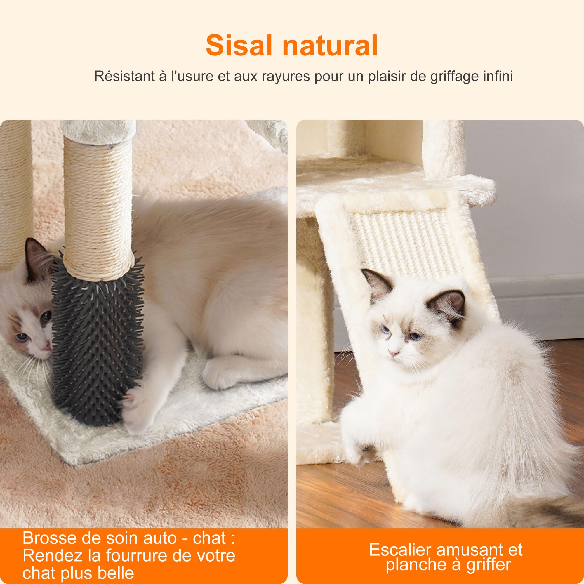 Heybly Arbre à Chat, Brosse de Nettoyage Automatique, Arbre à Chat Domestique Robuste avec Peluche Polie, Chaise Longue, Bac à Litière avec Panneaux et Griffoir, Beige HCT005SM