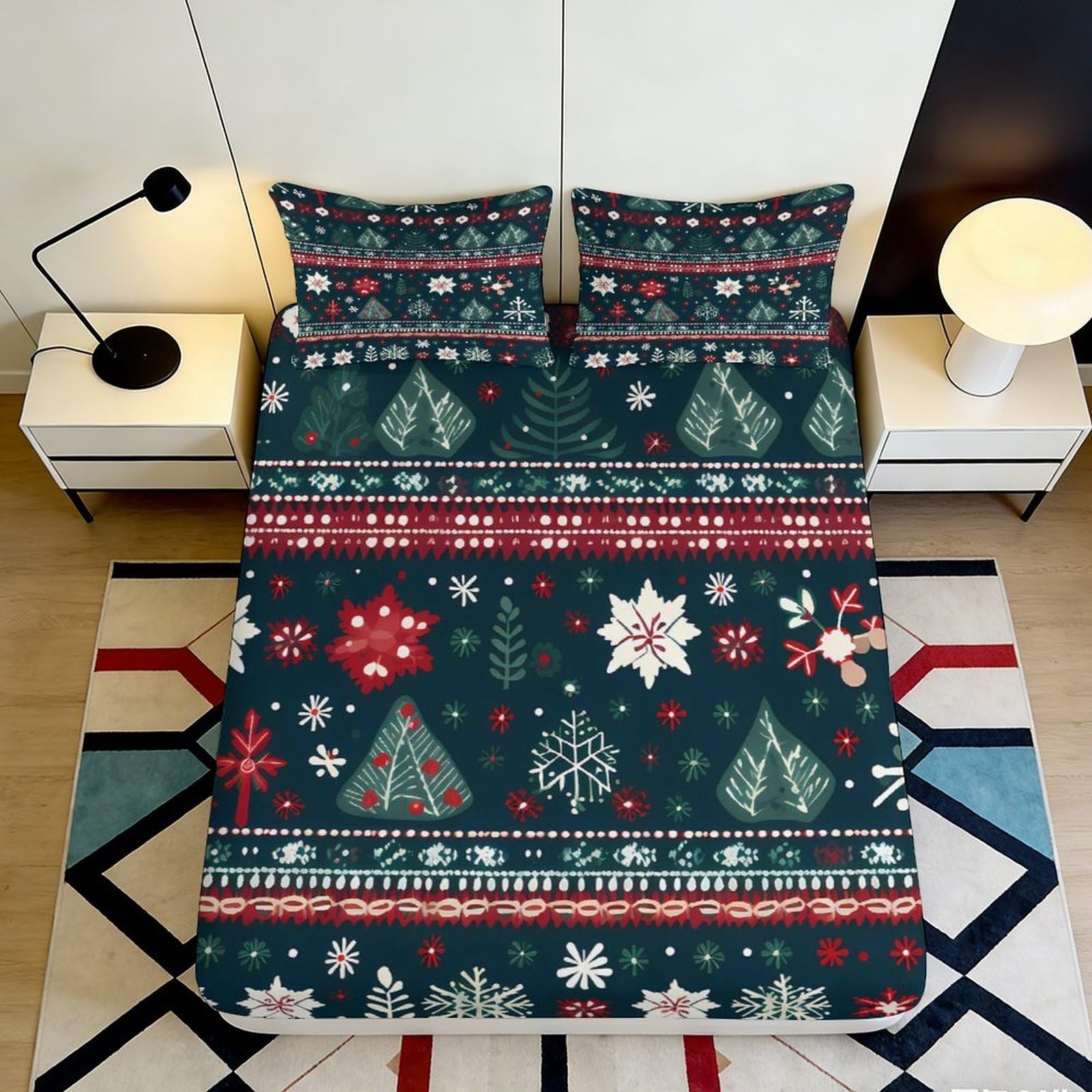 3D Printed Christmas Snowflake Fitted Sheet Microfiber Soft Breathable Xmas Tree Mattress Cover for Bedroom Dorm Decor 200x200x25cm