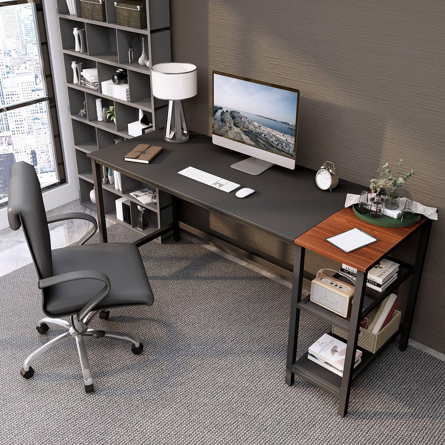 CubiCubi Computer Home Office Desk, 55 Inch Small Desk Study Writing Table with Storage Shelves, Modern Simple PC Desk with Splice Board, Black/Walnut