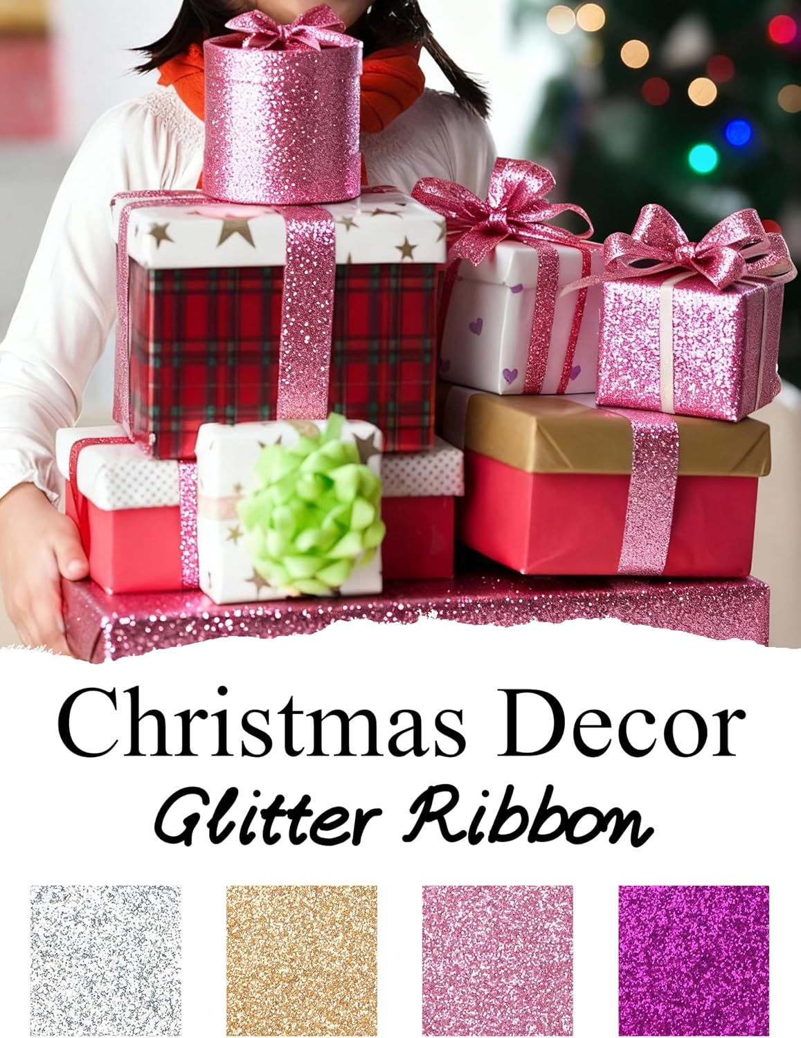 Glitter Christmas Homecoming Ribbon Metallic Sparkle Ribbon for Gift Wrapping Crafts 1-1/2 Inch (Pink) image 2