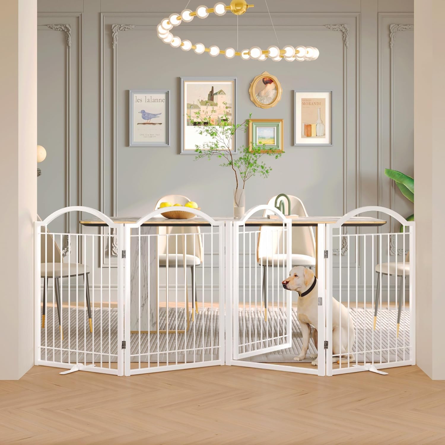 BHG Metal No-Assembly Freestanding Dog Gate with Door Walk Through, Extra Wide 96", Extra Tall 32" Pet Gate, Accordion Puppy Folding Playpen Dog Fence, with 2PCS Support (White, 4 Panels) White 4 panels