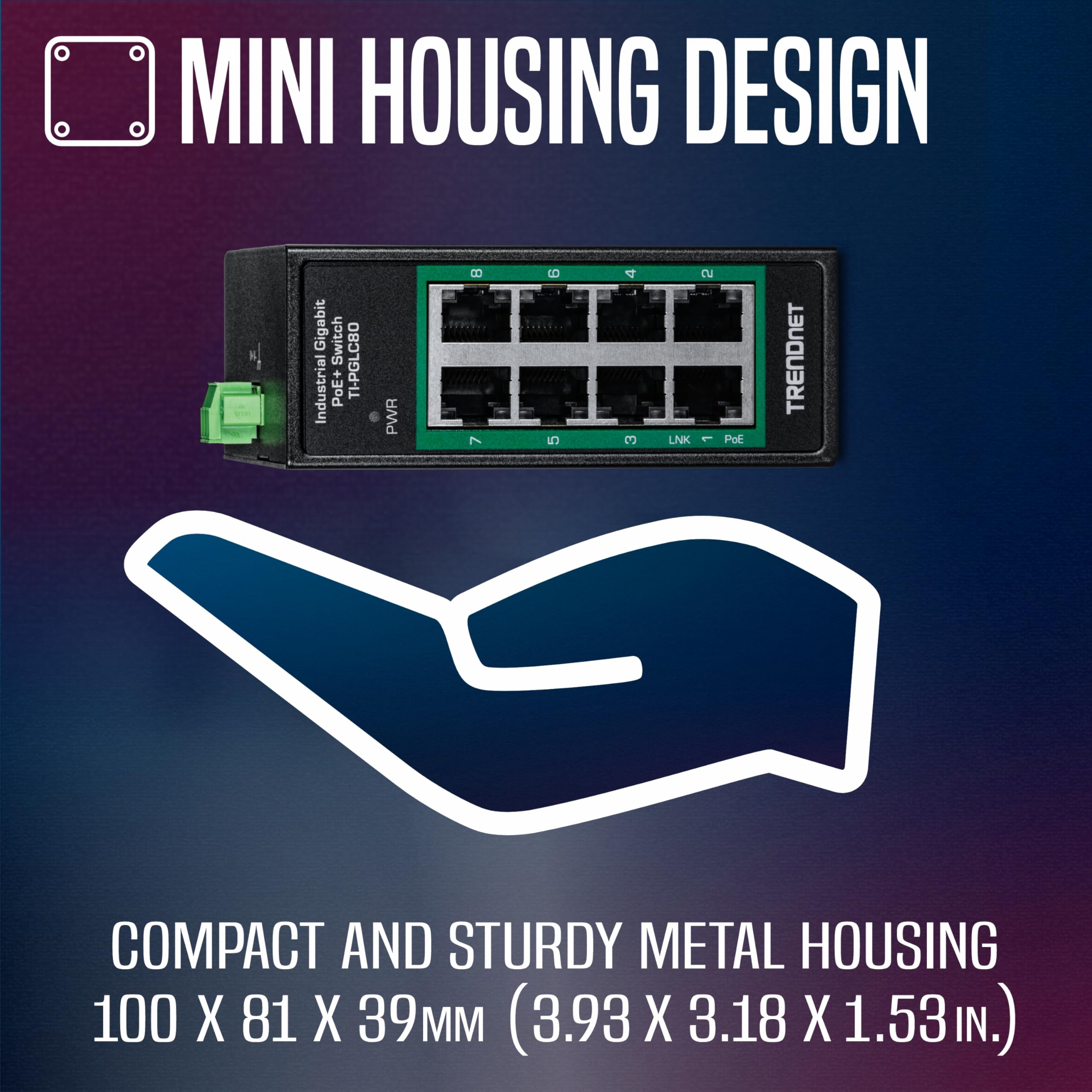 TRENDnet - Mini Interruptor Industrial Gigabit PoE+ DIN-Rail de 8 Puertos, TI-PGLC80, 8 Puertos Gigabit PoE+, 200 W PoE+ de presupuesto de Potencia, 16 Gbps, Compatible con NDAA y TAA