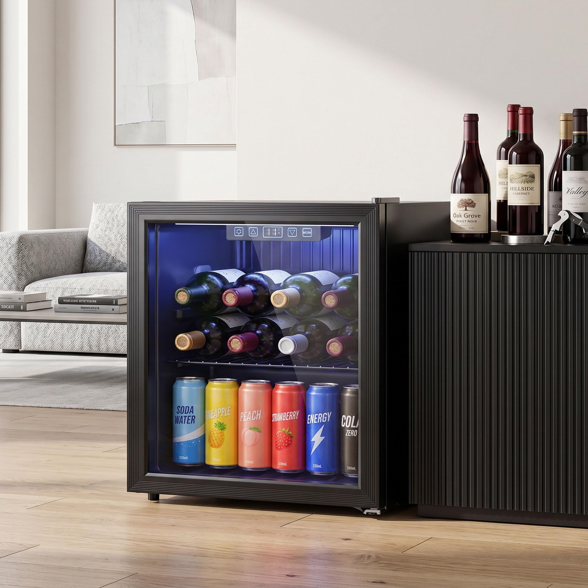 HOMCOM Frigorífico de Bebidas 50 L, Mini Nevera con Puerta de Vidrio Doble, Iluminación LED, Estante Ajustable, 2-18℃, para 48 Latas, Nevera Pequeña para Refrescos, Cerveza y Vino