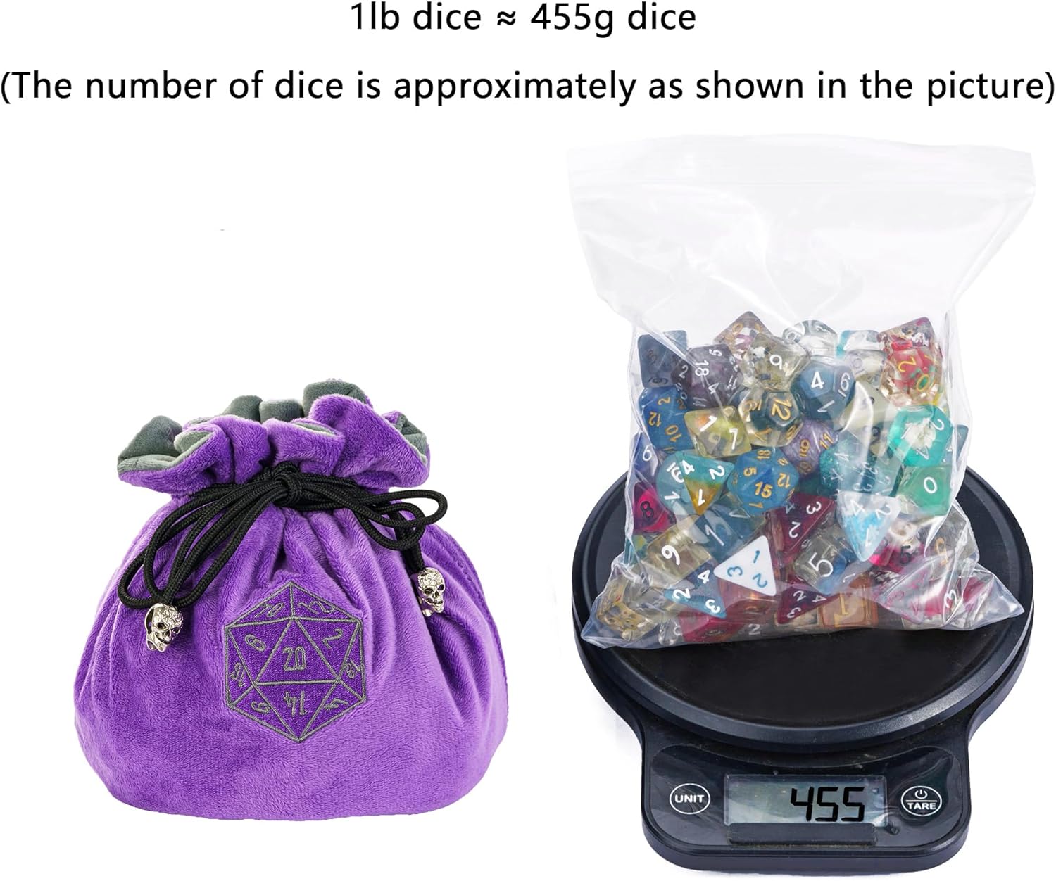 Large Dice Bags with Pockets Purple Storage Bag D20 Logo for DND RPG MTG Game Dices (with 1lb Random DND Dice)