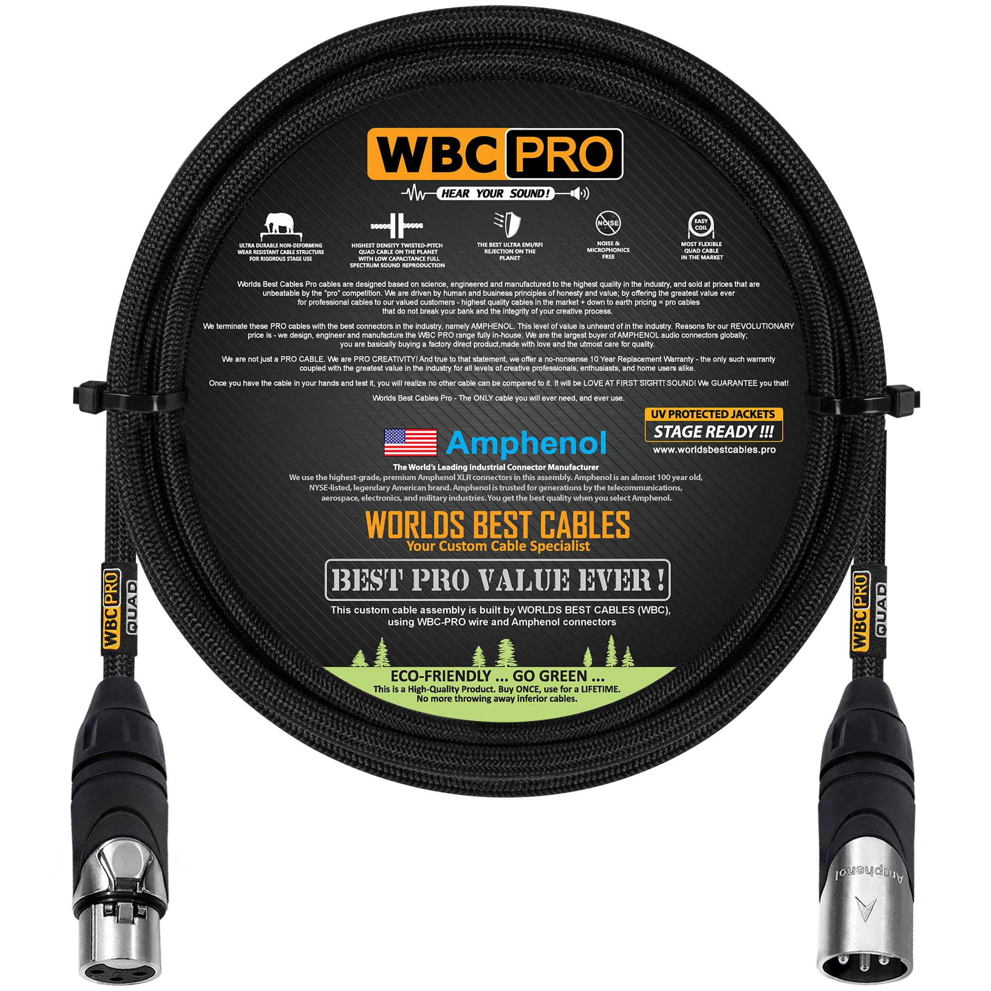 WORLDS BEST CABLES2 Foot - WBC-PRO-QUAD Ultra-Silent Ultra-Flexible Balanced Star-Quad with Amphenol Male & Female XLR Plugs & Black Tweed Jacket