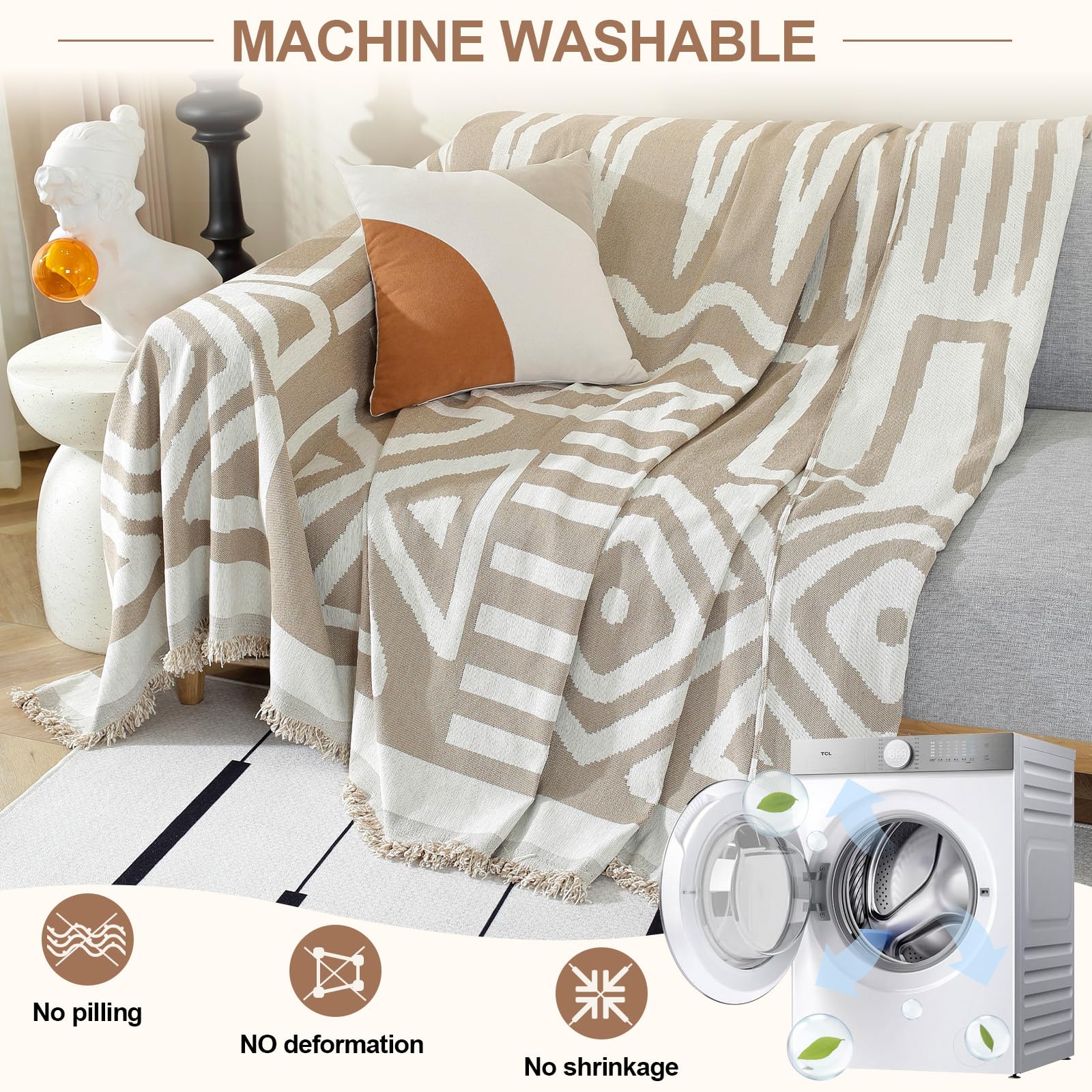 OstepDecor Boho Sofa Cover 4 Seater, Chenille Couch Cover for Corner Sofa Washable Sofa Slipcover - Image 4