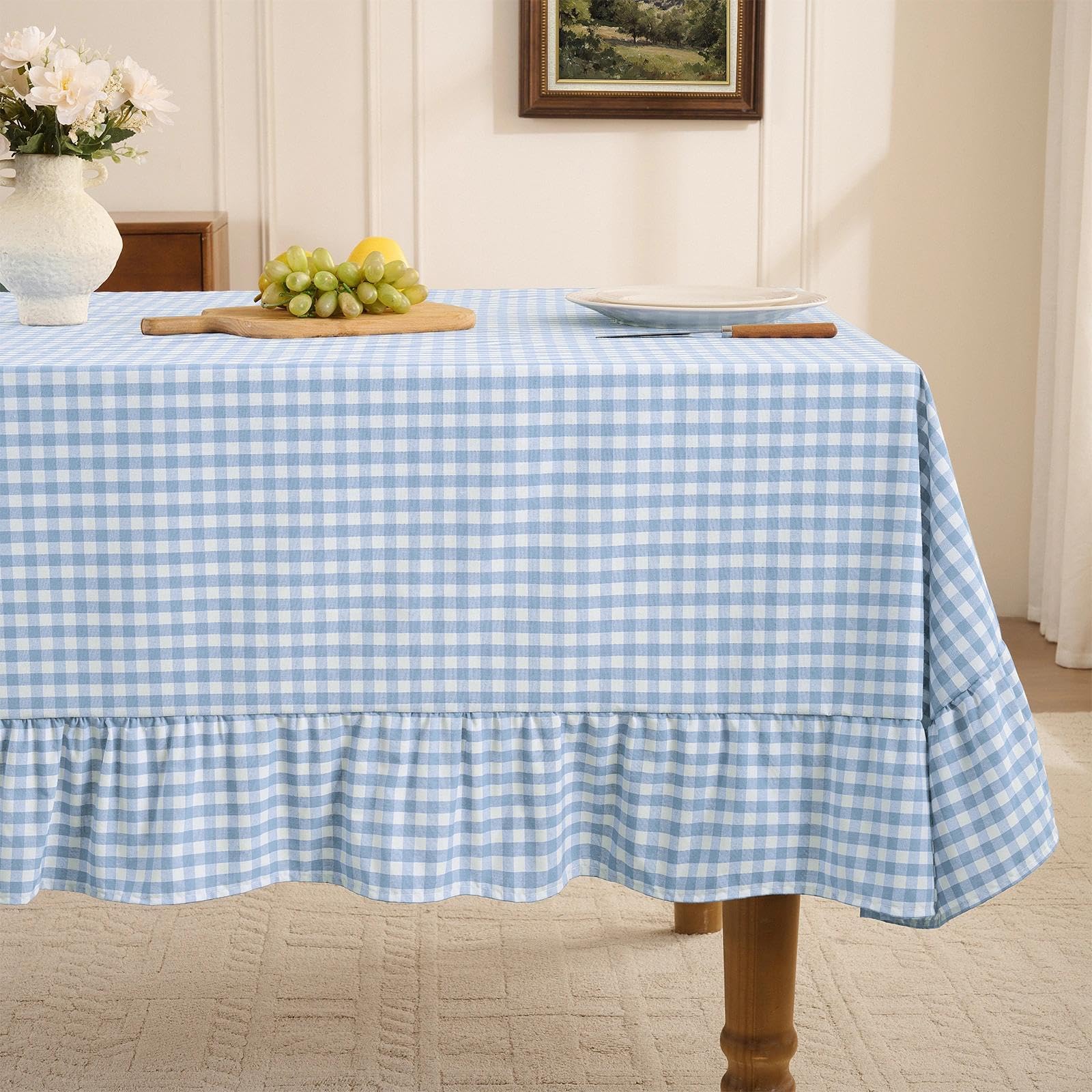 Photo 1 of Romanstile Gingham Ruffled Tablecloth Rectangle, 60 x 120 Inch, Light Blue