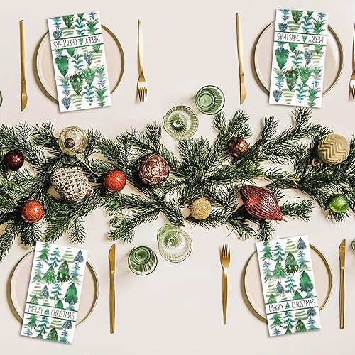 Miniatura 7 de AnyDesign Servilletas de Navidad para invitados de árbol de Navidad, servilletas de papel desechables de 3 capas de acuarela verde para cena de