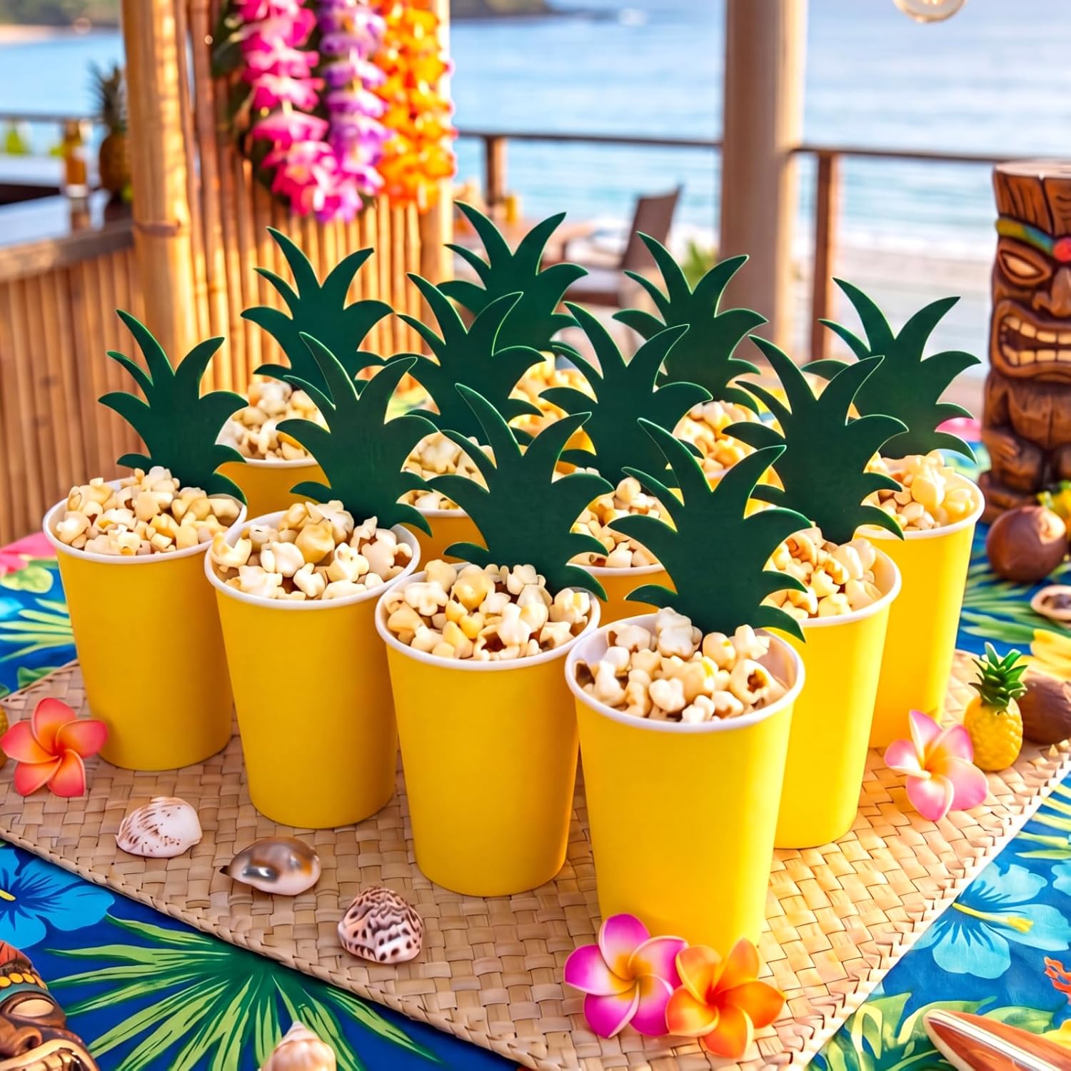 ForraFun 50 Set Pineapple Party Popcorn Box Decoration Hawaiian Pineapple Paper Box with Glue Points and Cards Hawaiian Table Decor Pineapples Popcorn Bucket for Summer Hawaiians