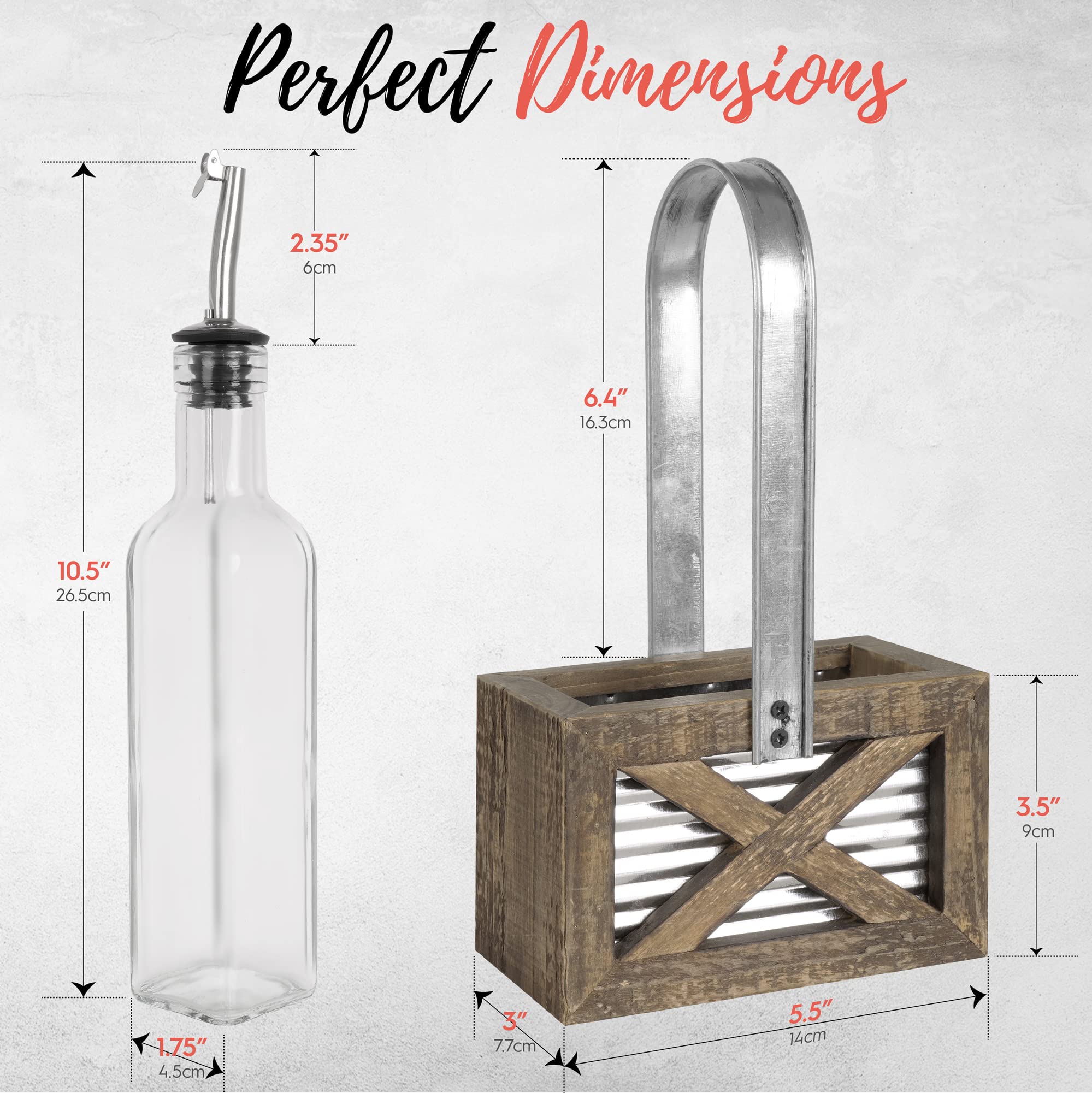 Autumn Alley Rustic Farmhouse - Juego de dispensador de aceite y vinagre – Juego de soporte para aceite y vinagre, juego de madera desgastada, metal galvanizado, adorable decoración rústica de cocina,
