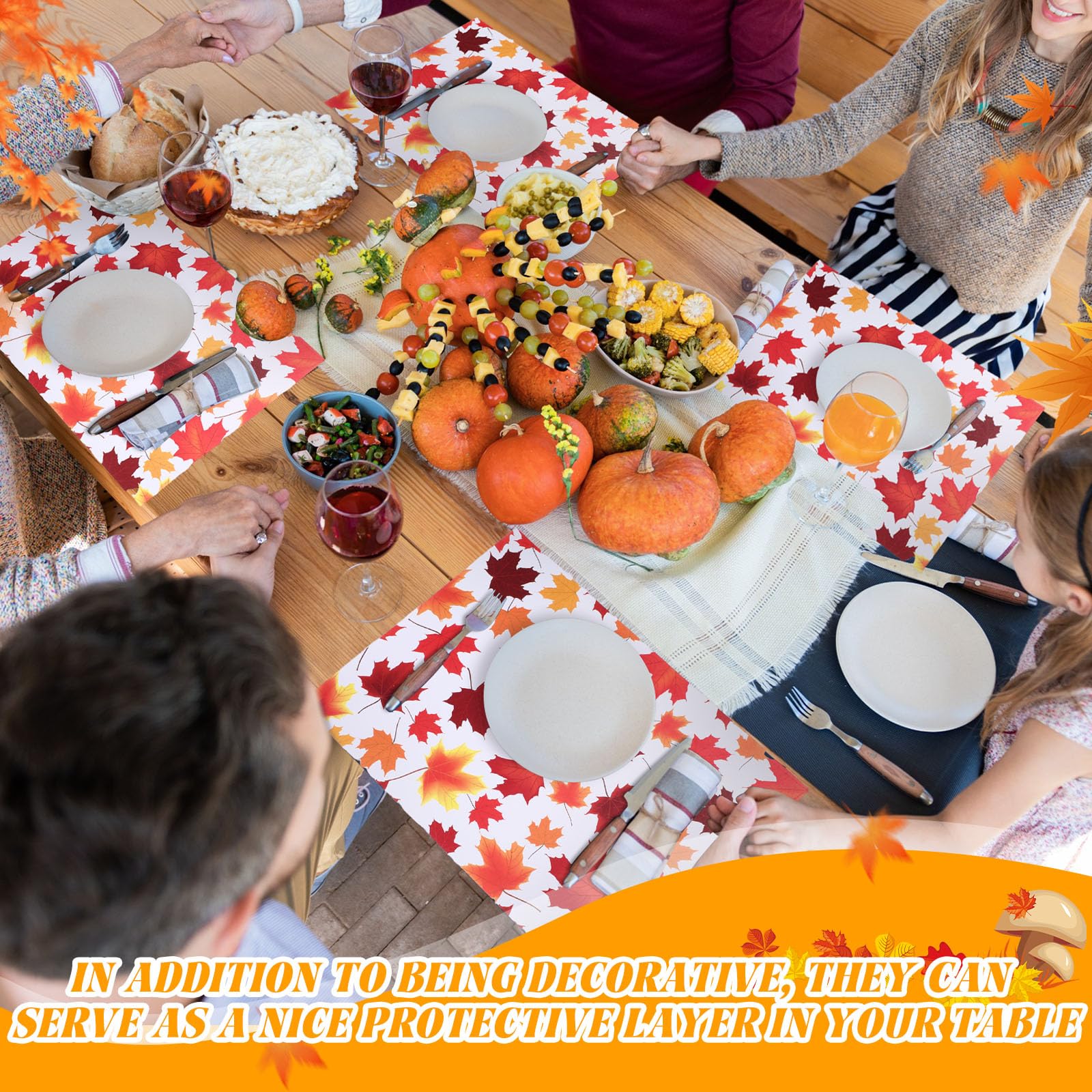 Paquete de 100 manteles individuales de papel de hoja de arce para mesa de comedor, hojas de cosecha, manteles desechables decorativos de otoño para suministros de fiesta de Acción de