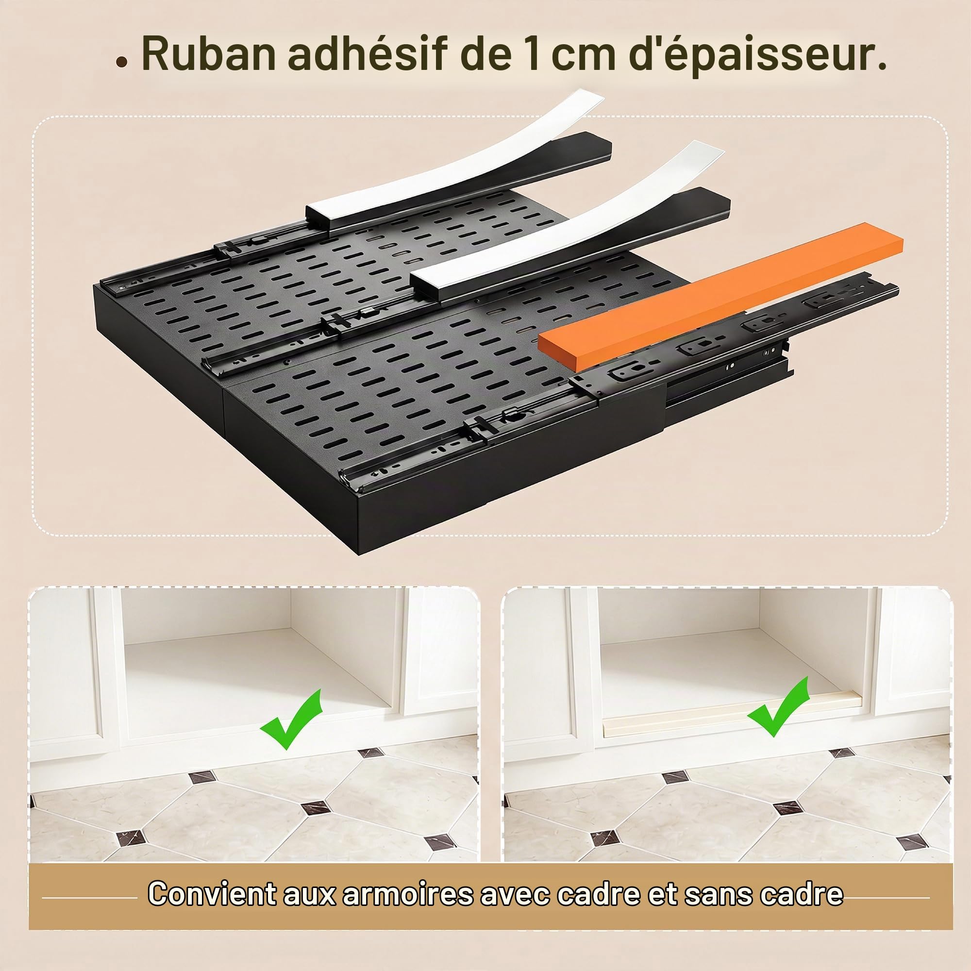 Lot de 2 Tiroirs Coulissants de Cuisine à 4 Directions, Noir | Tiroir Télescopique, Largeur 30-48cm & Profondeur 36-55,5cm, pour Armoires avec/sans Cadre, Structure en Métal, Sans Perçage