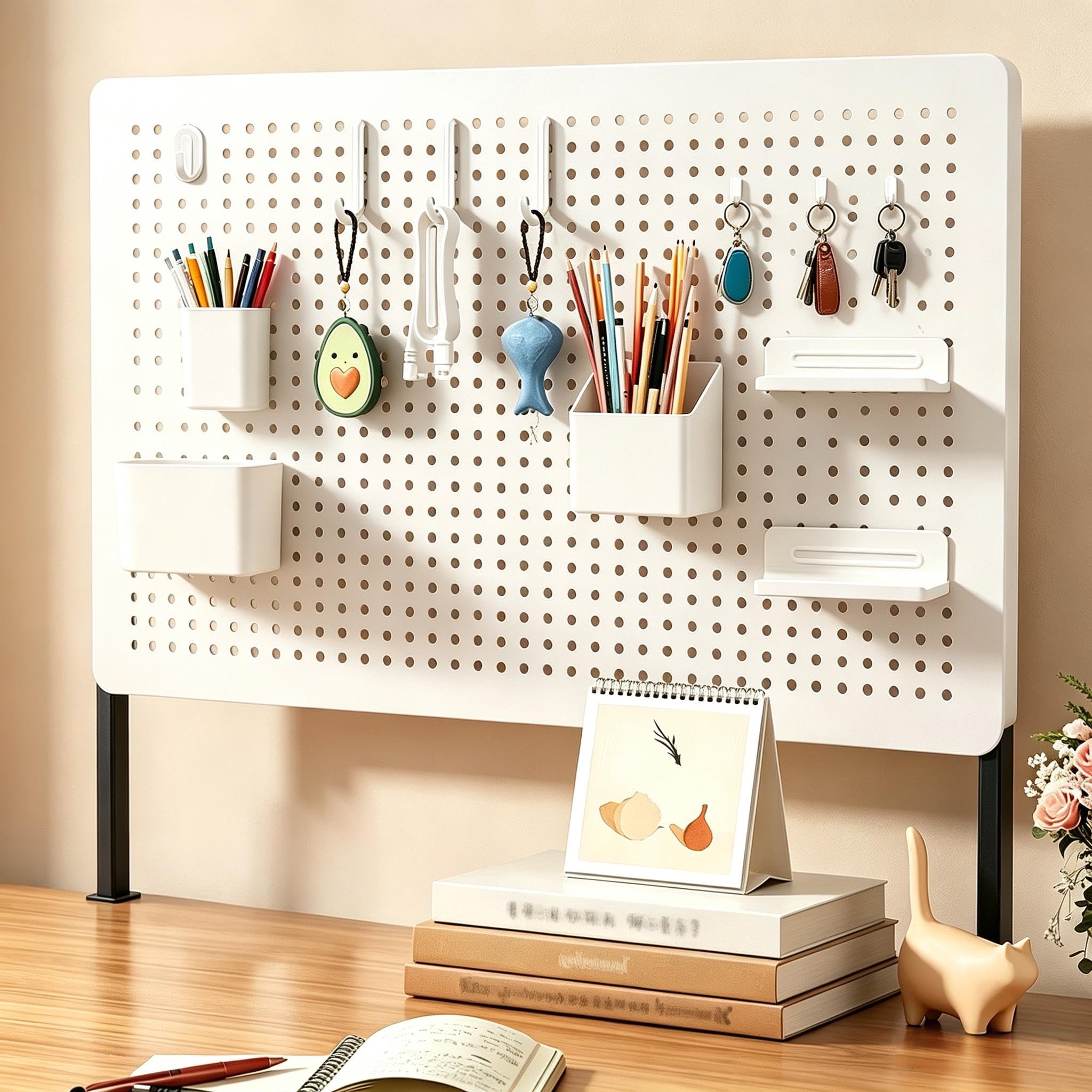 60x40cm Clamp On Desk Pegboard, Metal Desk Organizer with Shelves Hooks