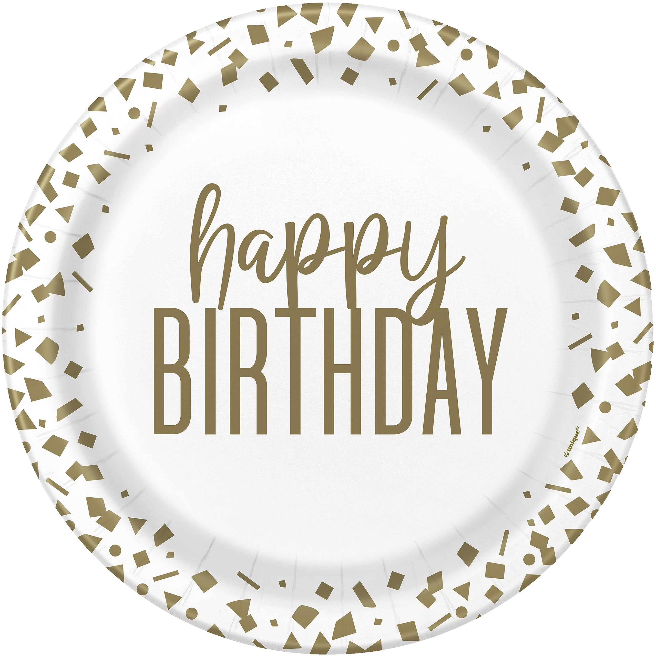 Unique 78435EU Eco-Friendly Paper Plates-23 cm Gold Birthday Party-8 Count (Pack of 1), Confetti, Multicolour, Large