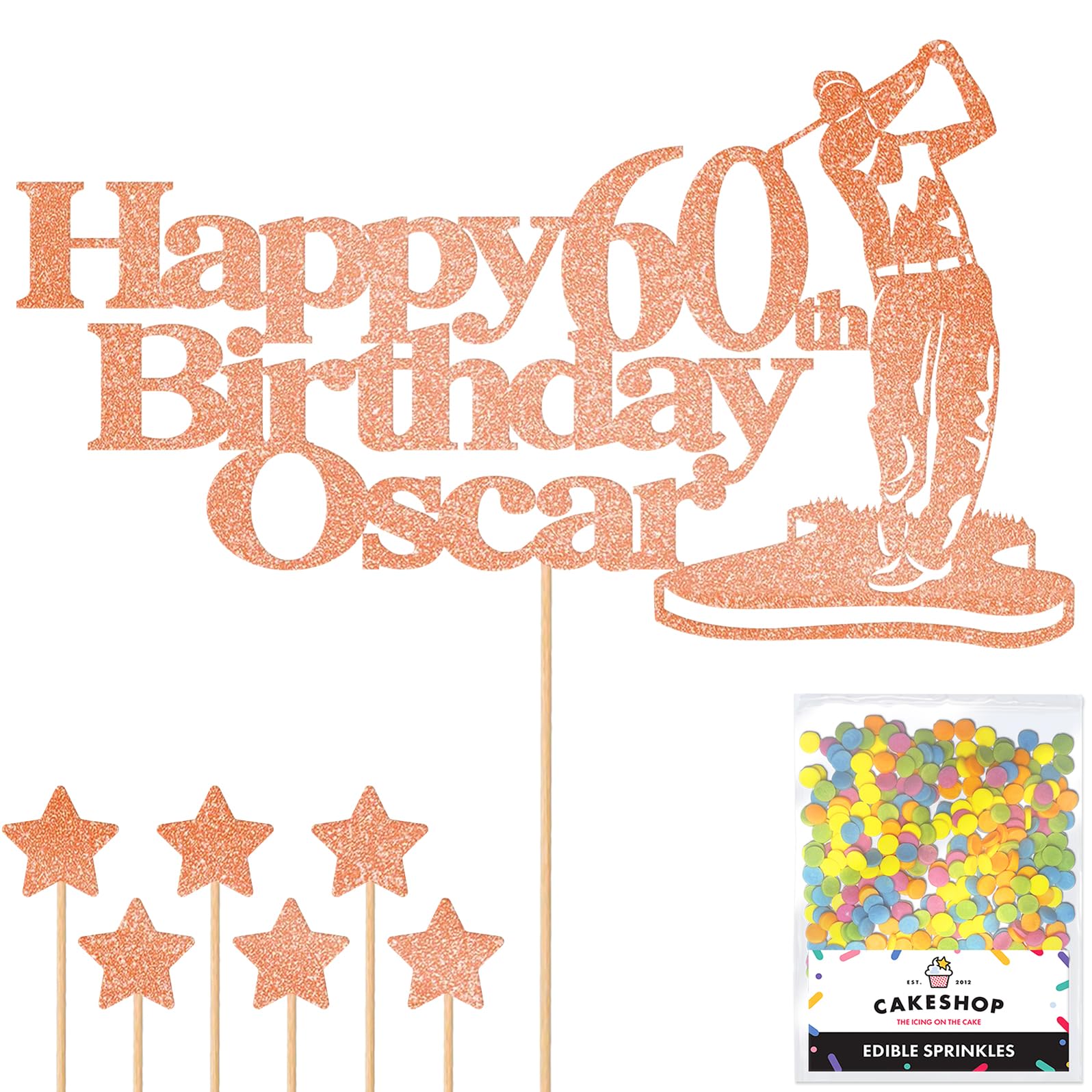 Personalised Golf Golfer Glitter Cake Topper - Rose Gold Custom Age & Name Glitter Cake Decoration and Sprinkles - Happy Birthday Decorations - Personalised Toppers for Cakes by Cakeshop