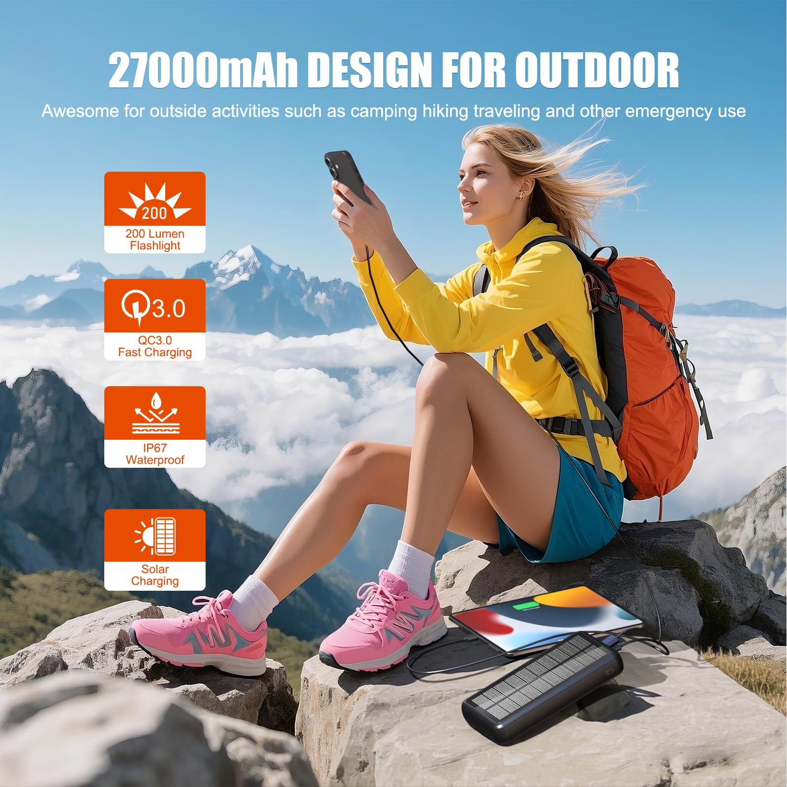 Banque d'énergie solaire 27 000 mAh, batterie externe avec 6 sorties et 2 entrées, batteries externes pour charge rapide de 15 W, tablettes, camping, voyage, extérieur