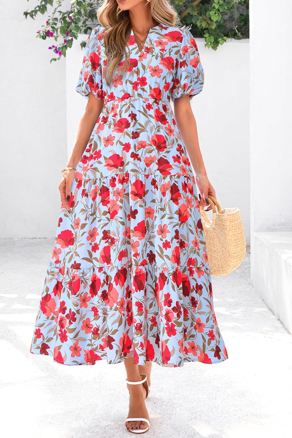 dowerme Womens Summer Dresses 2026 Casual Puff Short Sleeve V Neck Floral Boho Tiered Ruffle Maxi Dress with Pockets - Image 8