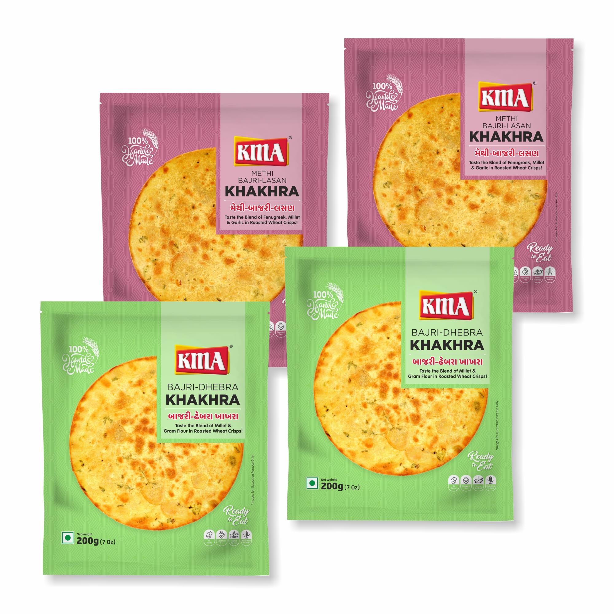 KMA Handmade Roasted Gujarati Millet Magic Khakhra Combo 800g - Bajri Dhebra 2, Methi Bajri Lasan 2 (4 packs * 200g each) | Fresh Healthy Multigrain Low Calorie Snacks | No Maida | Ready to Eat Diet-Friendly Delight | Crispy & Flavourful with Authentic Indian Taste | Anytime Snack