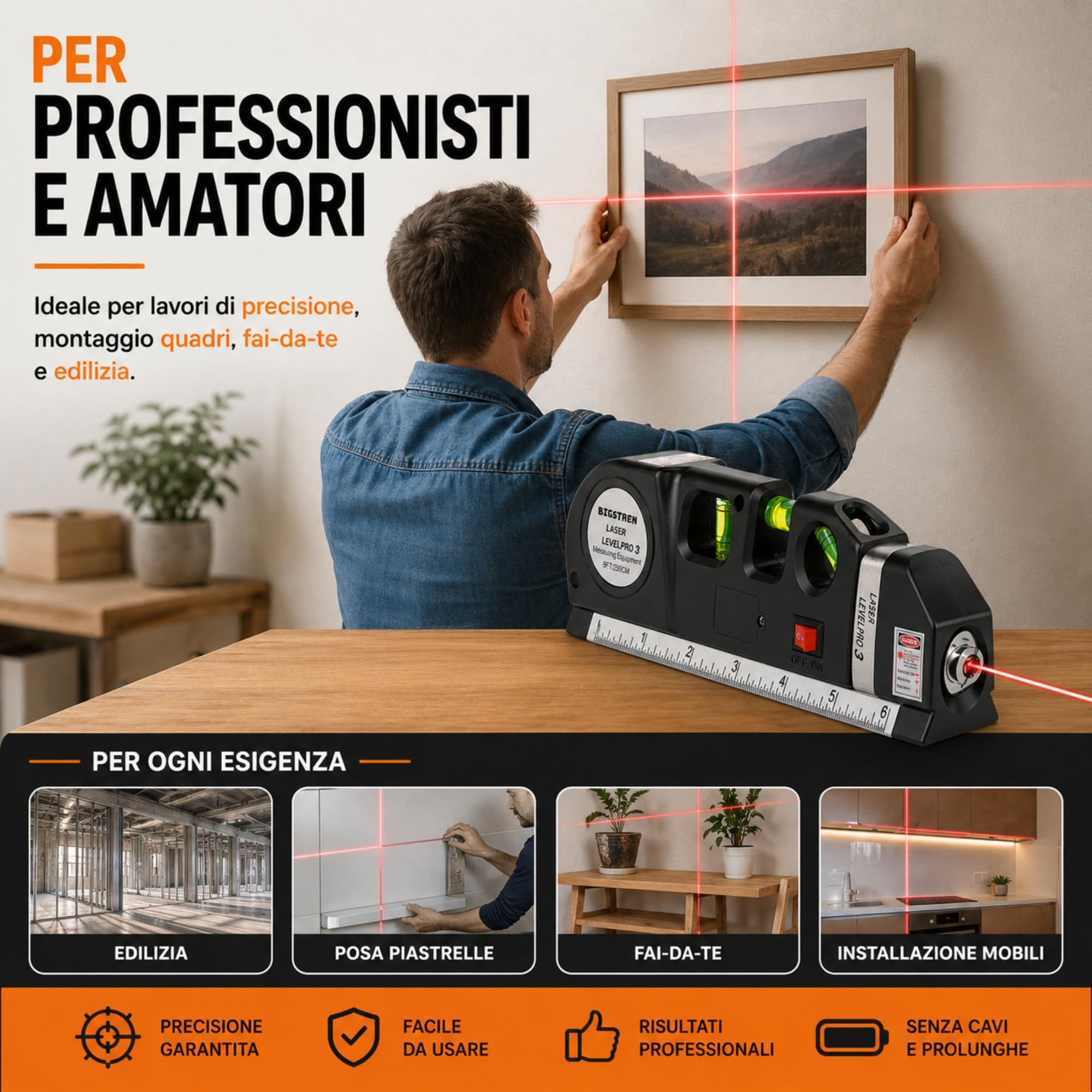 Livella Laser 4in1 con Metro 2,5m – Precisione Assoluta! Laser Rosso Orizzontale/Verticale + 3 Fiale - Perfetta per Montaggio Quadri, Piastrelle e Fai da Te, Strumento Professionale Preciso