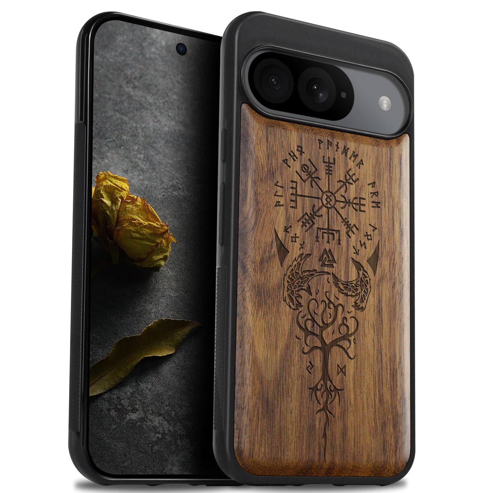 Carveit Custodia In Legno Con Magneti Per Pixel 9a: Cover Vegvisir Bussola Vichinga, Protezione TPU E Ricarica Wireless