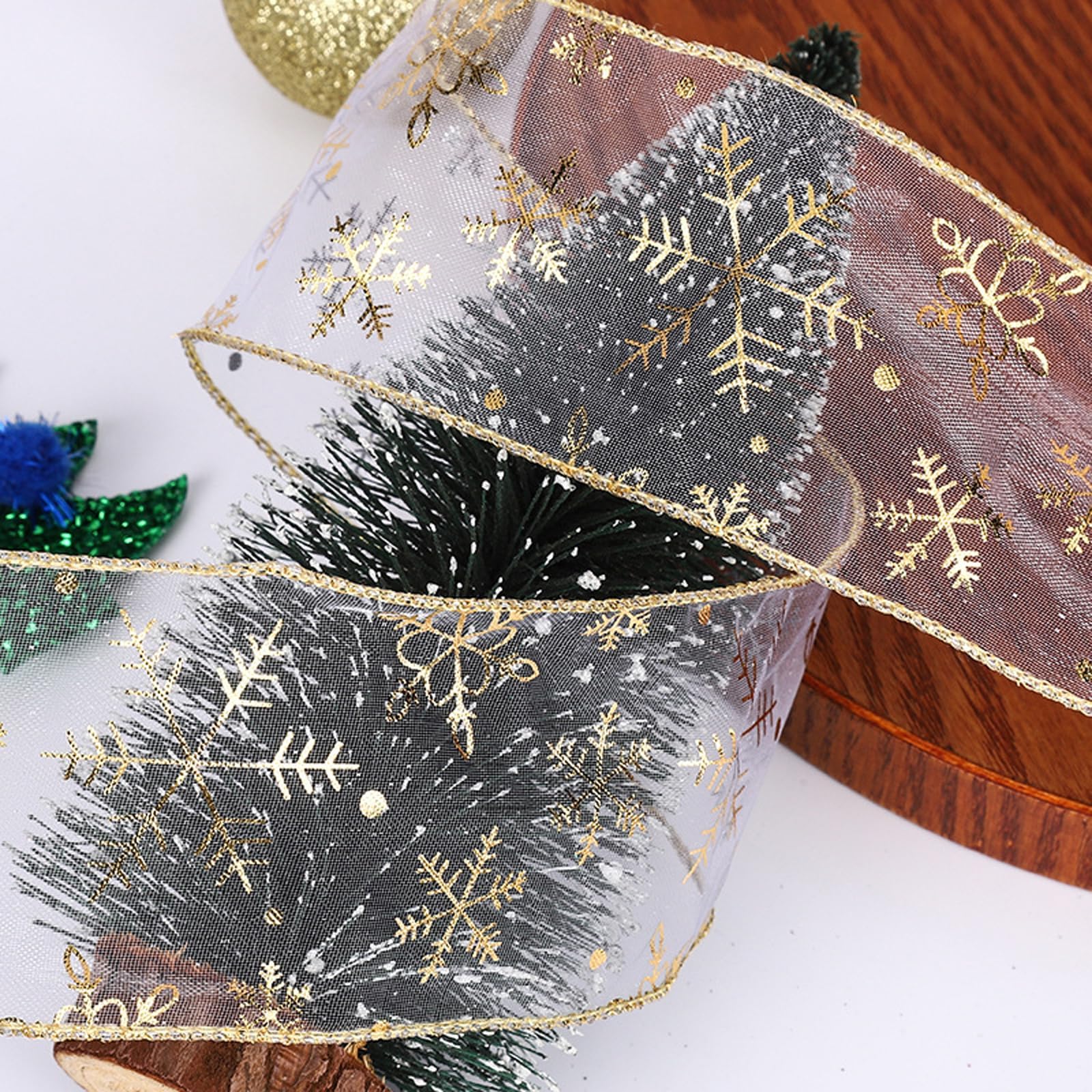Gold Organza Snowflake Wired Sheer Glitter Ribbon With Spool for Christmas Decoration Gift Wrapping, Party Decoration (Gold, 9m) - Image 3