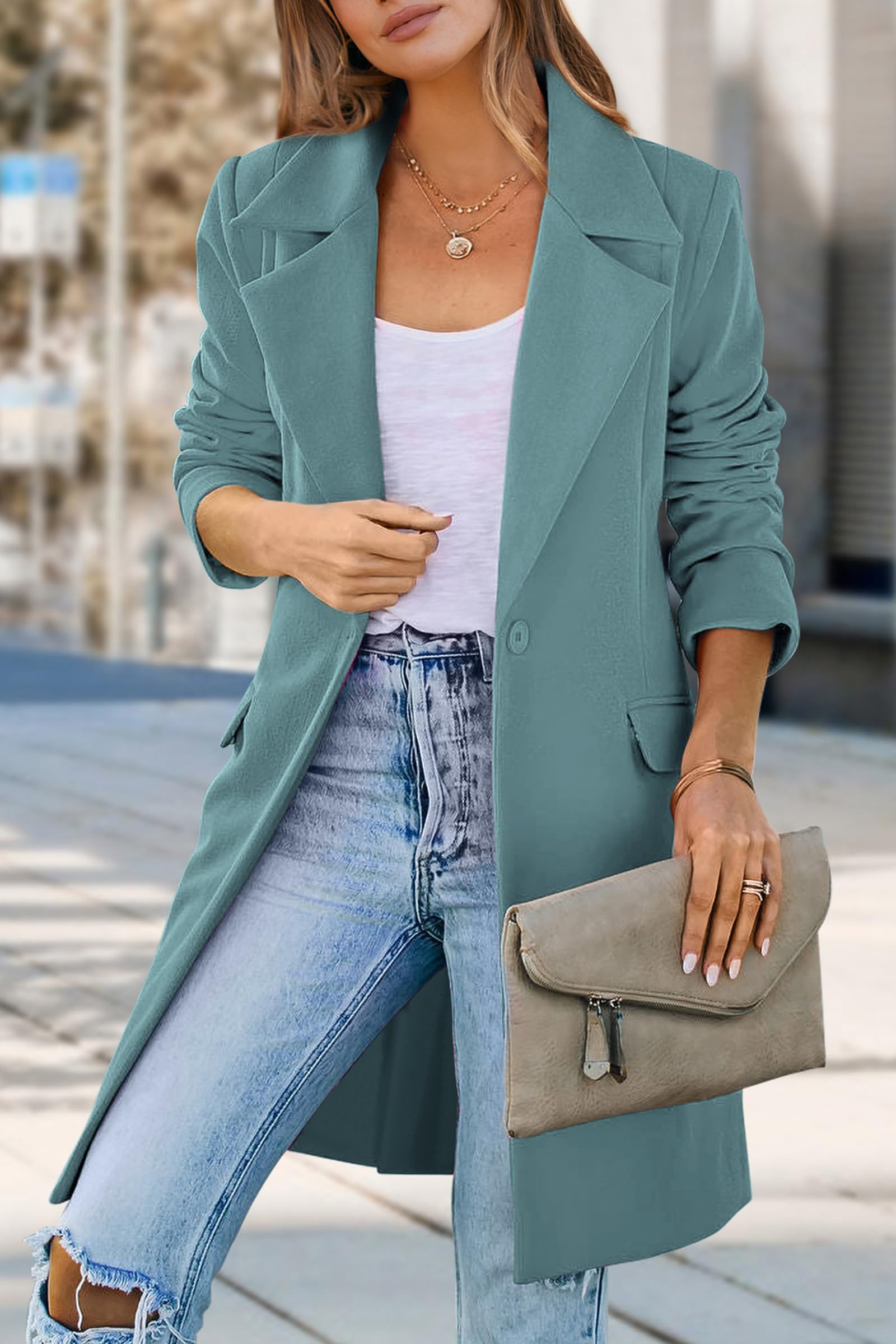 PRETTYGARDEN Women's Business Casual Long Blazer Jackets(Blue Green,S) view 3