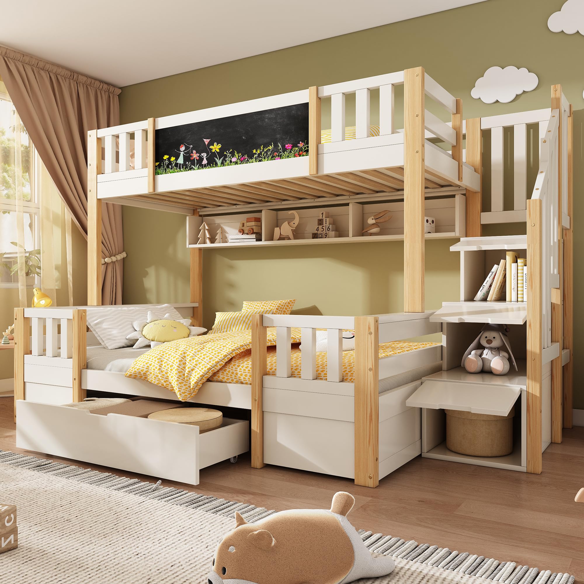 Hochbett Etagenbett 2 Kinder 90x200cm+140x200cm, Kinderbett mit Rausfallschutz, Tafel und Stauraumtreppe, unteres Bett mit Schublade und dreigeteilter offener Stauraum (B-Weiß+Natur)