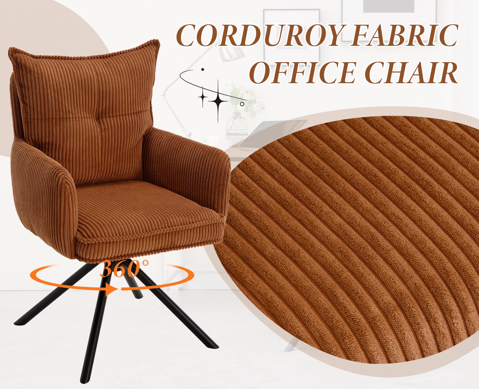 chairus Poltrona da Salotto Girevole Poltrona da Scrivania in Tessuto Poltroncina Imbottita Moderna con Gambe in Metallo Senza Rotelle Poltroncina per Camera da letto/Ufficio, Marrone