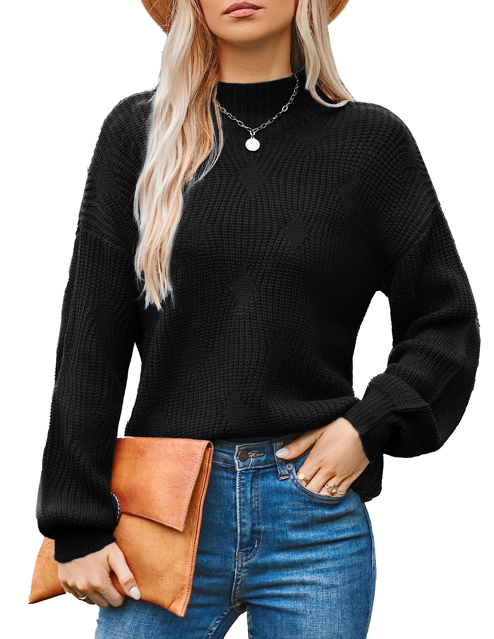 GRACE KARINWomen's 2023 Oversized Sweater Drop Shoulder Long Sleeve Mock Neck Loose Ribbed Chunky Knit Pullover Tops
