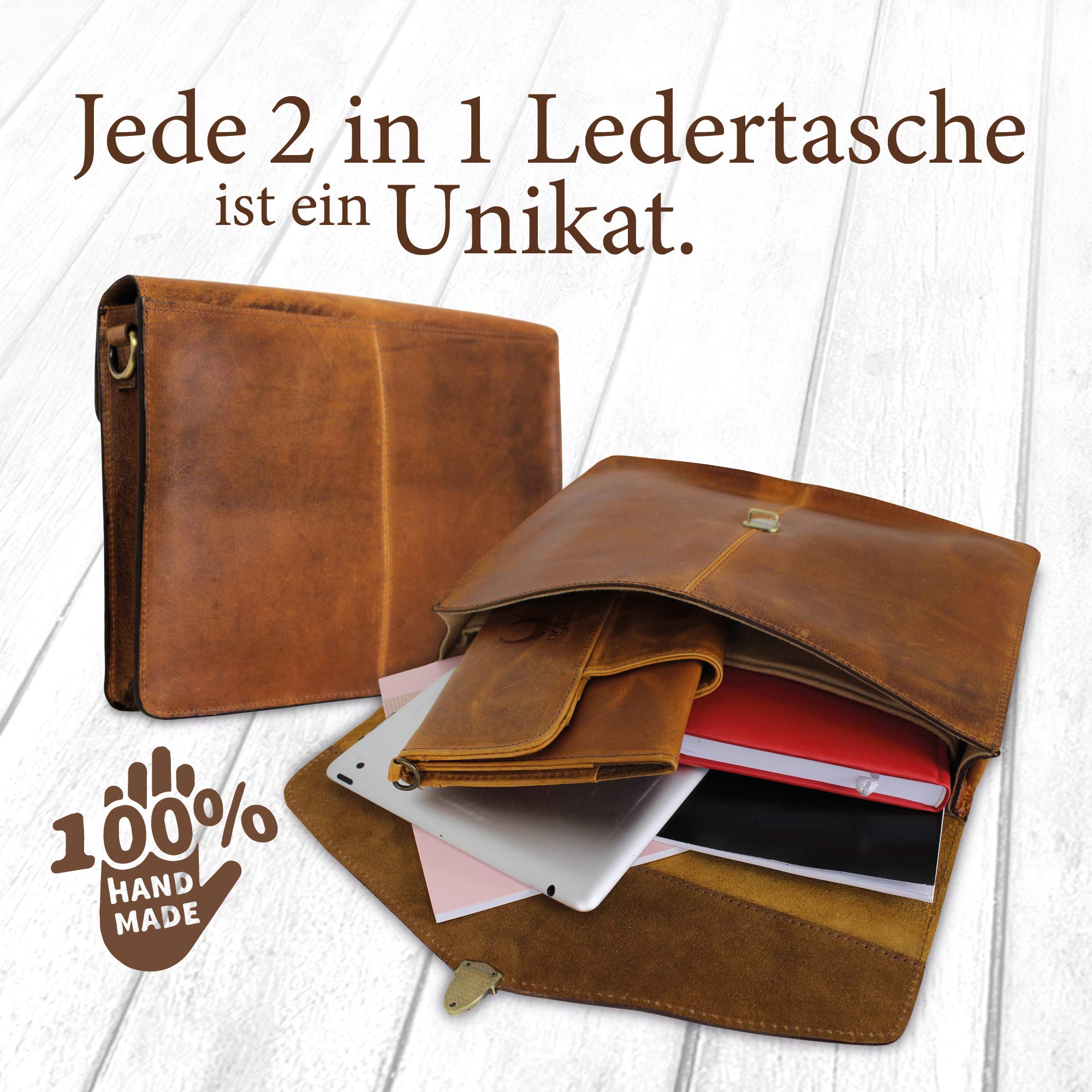 Corno d´Oro Premium Laptoptasche 14 Zoll Laptop Leder I Handgefertigte MacBook Tasche Echt Leder I Umhängetasche Herren Klein Braun für DIN A4 Größe