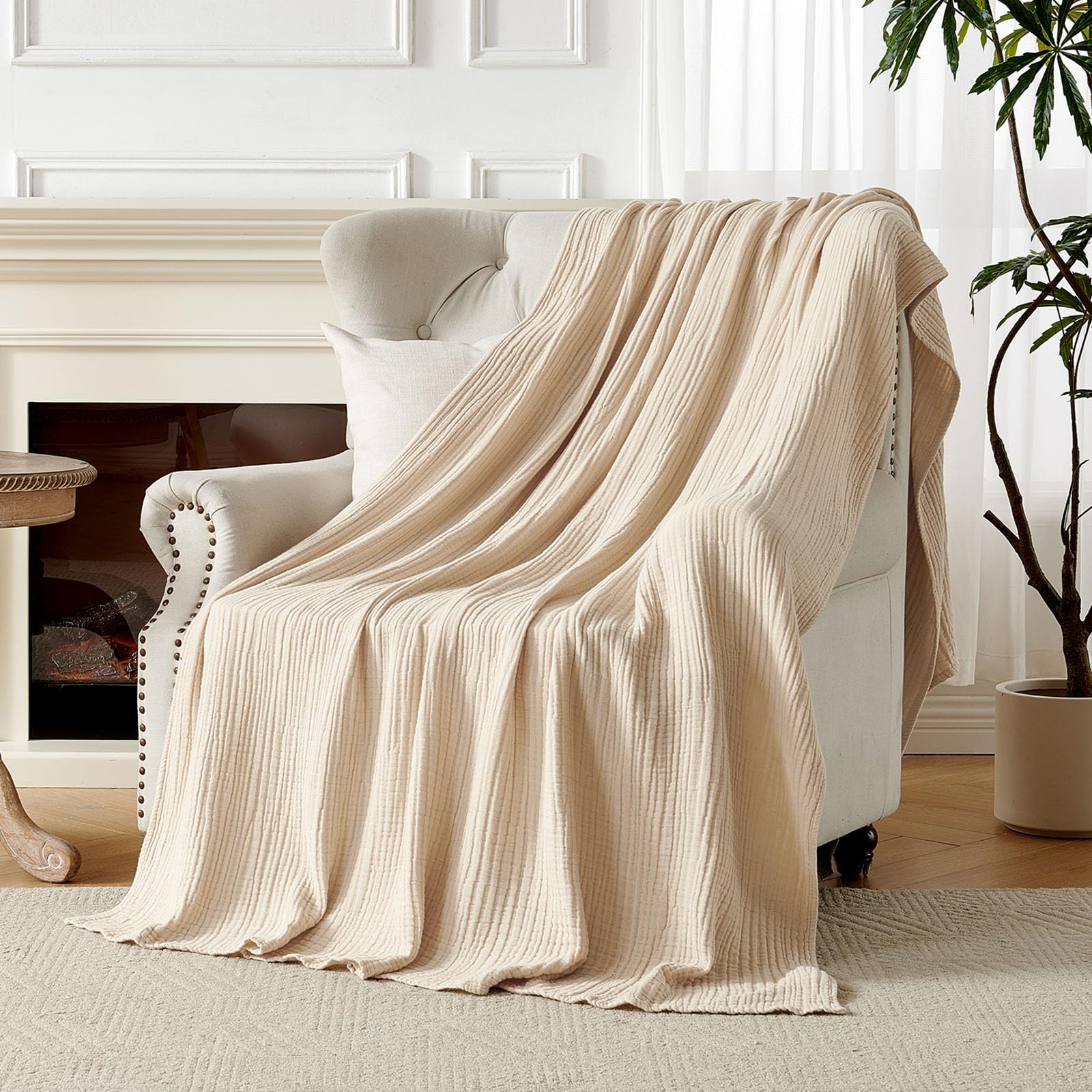 Joydeco Coperta in 100% mussola di cotone, per divano, letto e divano, coperta in morbida garza a 4 strati, leggera e traspirante, per tutte le stagioni, coperta di lusso in cotone da regalo (marrone